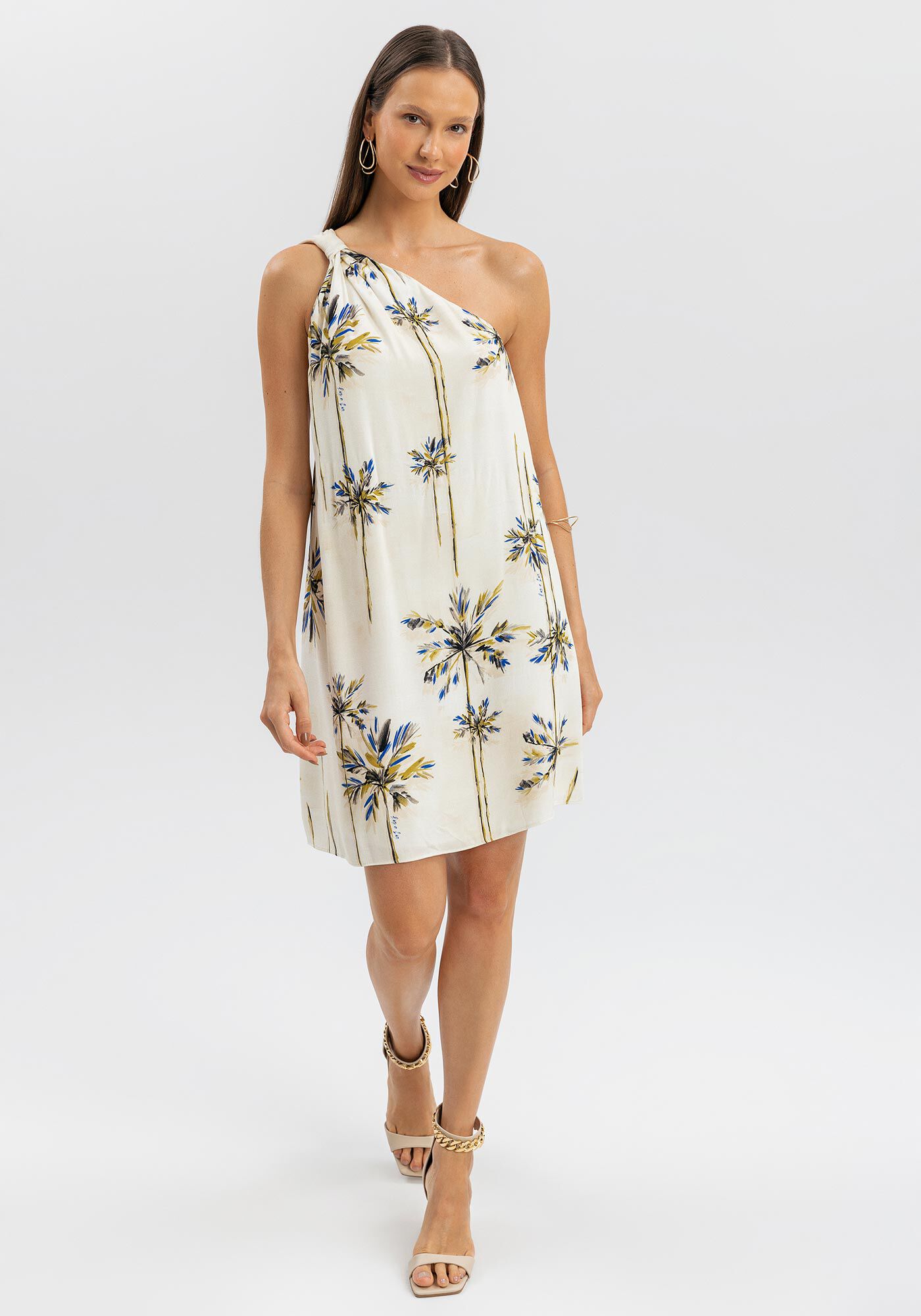 Vestido Curto De Um Ombro S&oacute; Estampado Com Cinto, , large.