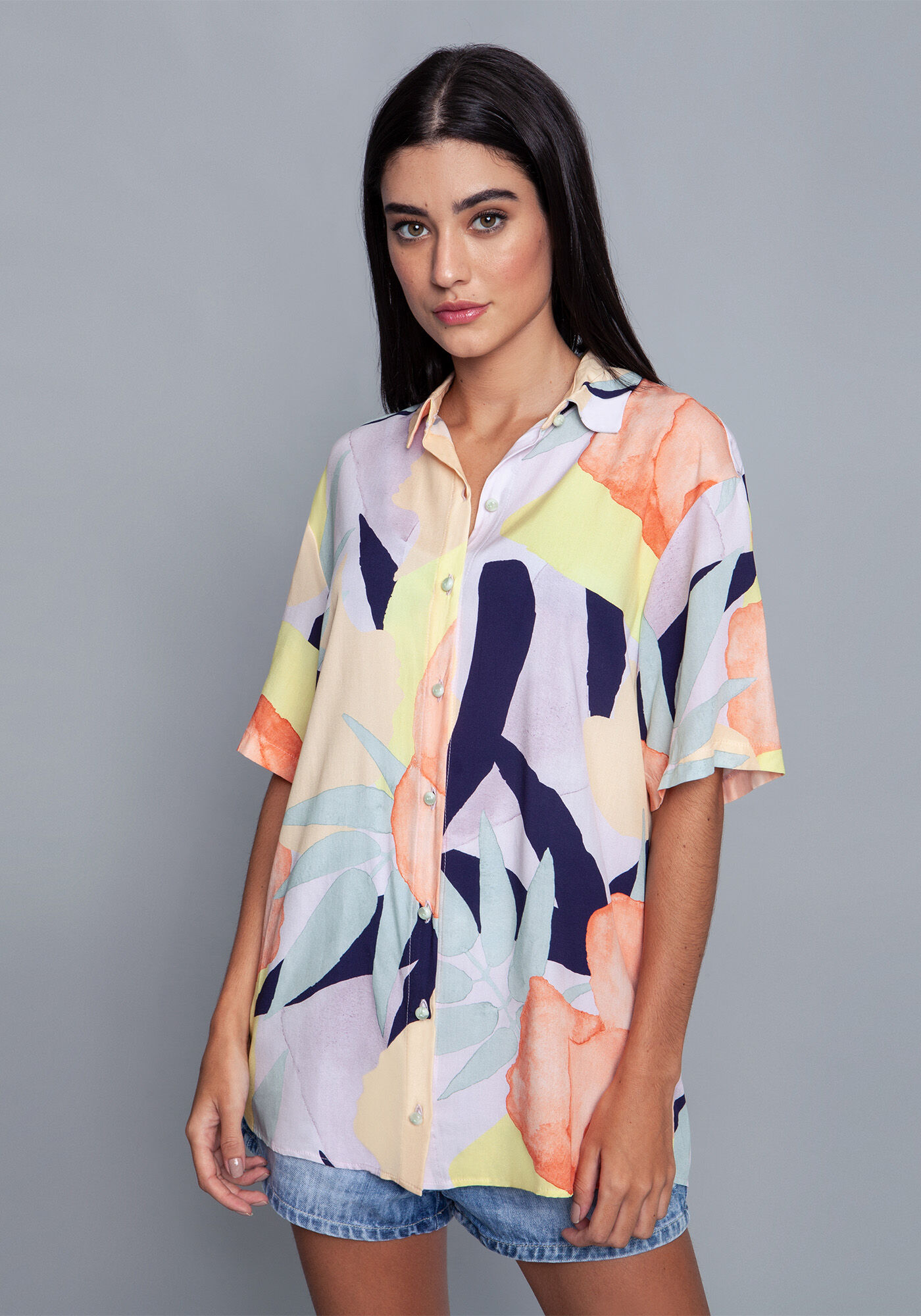 Camisa Tecido Rayon Bali Manga Curta, , large.