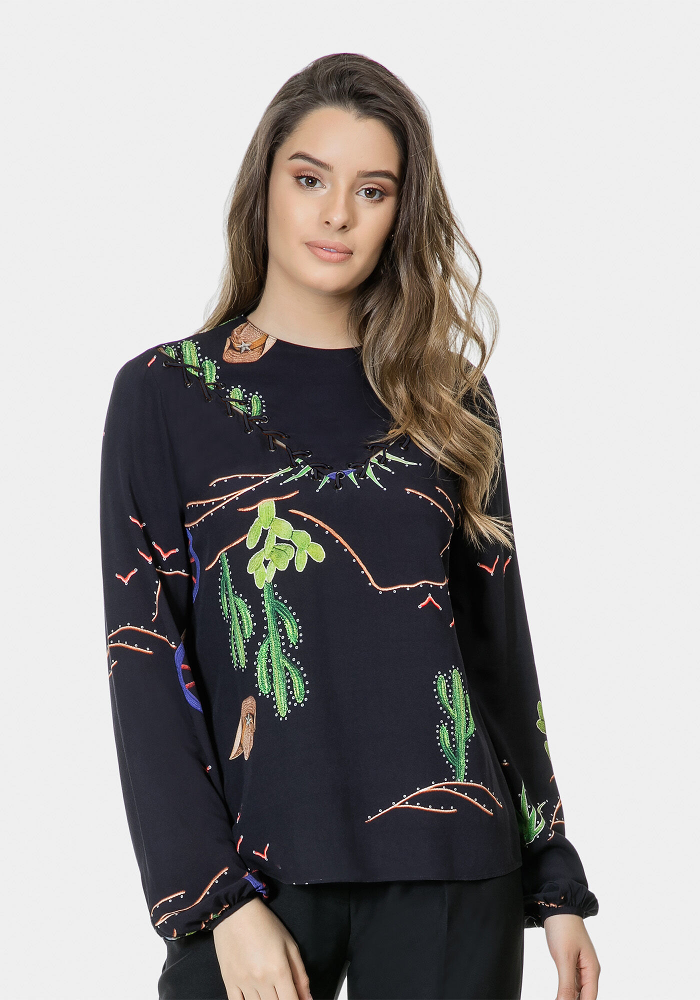 Blusa Manga Longa Estampada Tecido, , large.