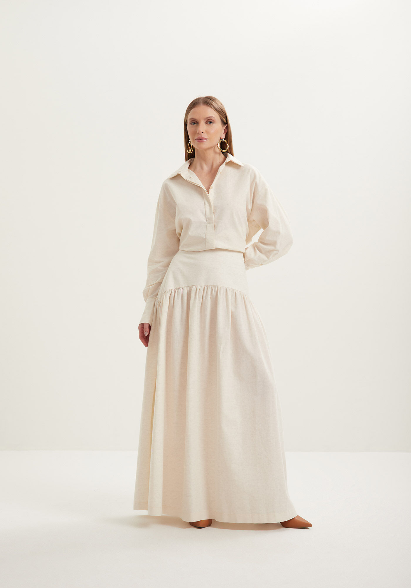 Saia Longa Com Cintura M&eacute;dia Em Algod&atilde;o E Linho, , large.