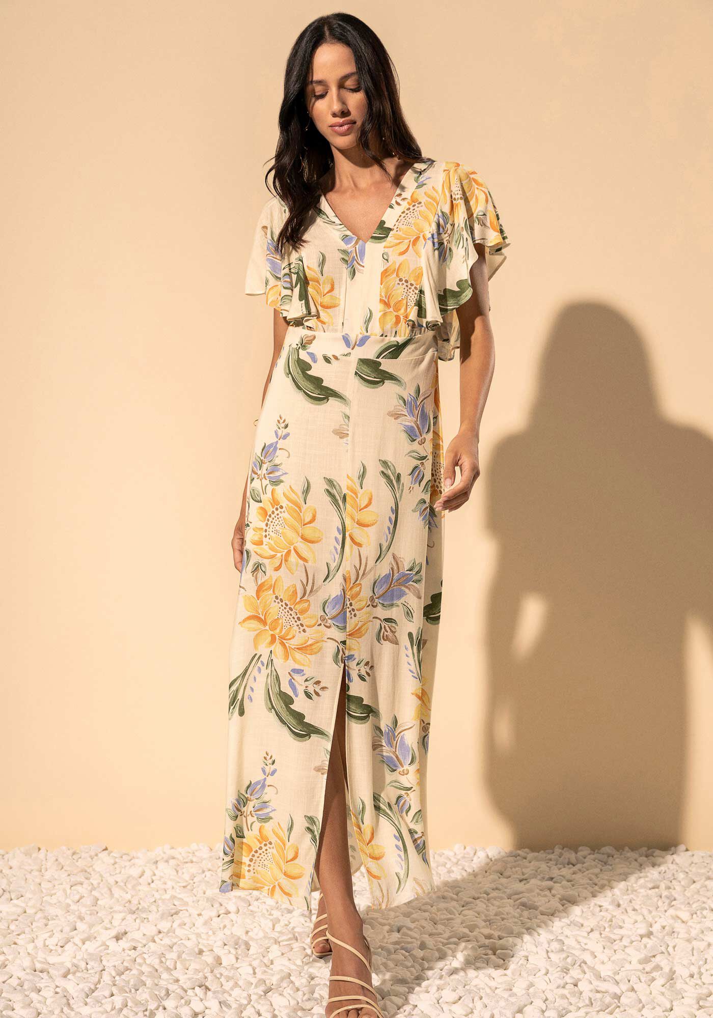 Vestido Ch&aacute; Estampado Com Mangas Amplas E Decote Nas Costas, SUNFLOWER AMARELO, large.