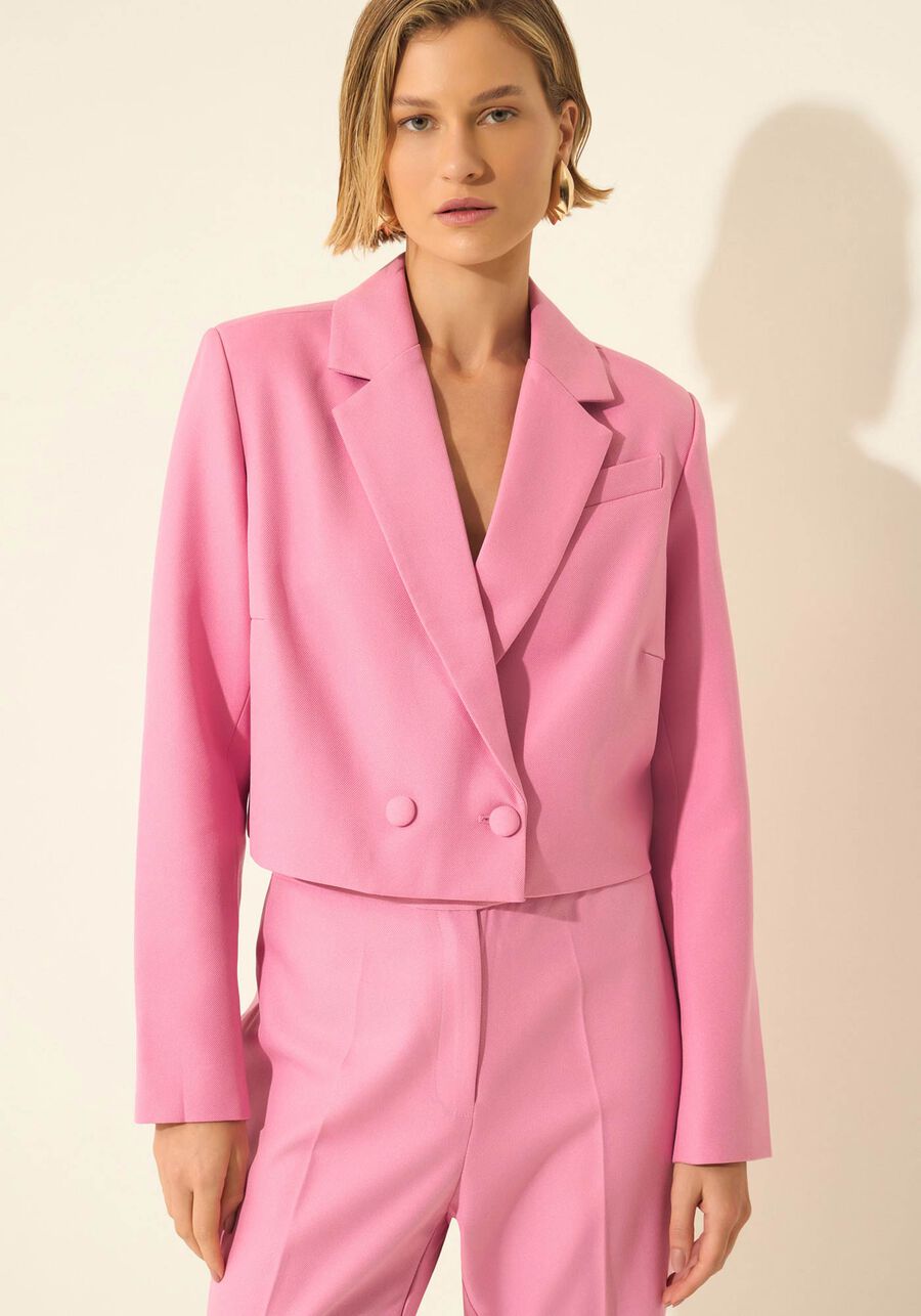 Blazer Cropped De Mangas Longas Em Alfaiataria, ROSA AGATE. Blazer Cropped De Mangas Longas Em Alfaiataria, ROSA AGATE, large.