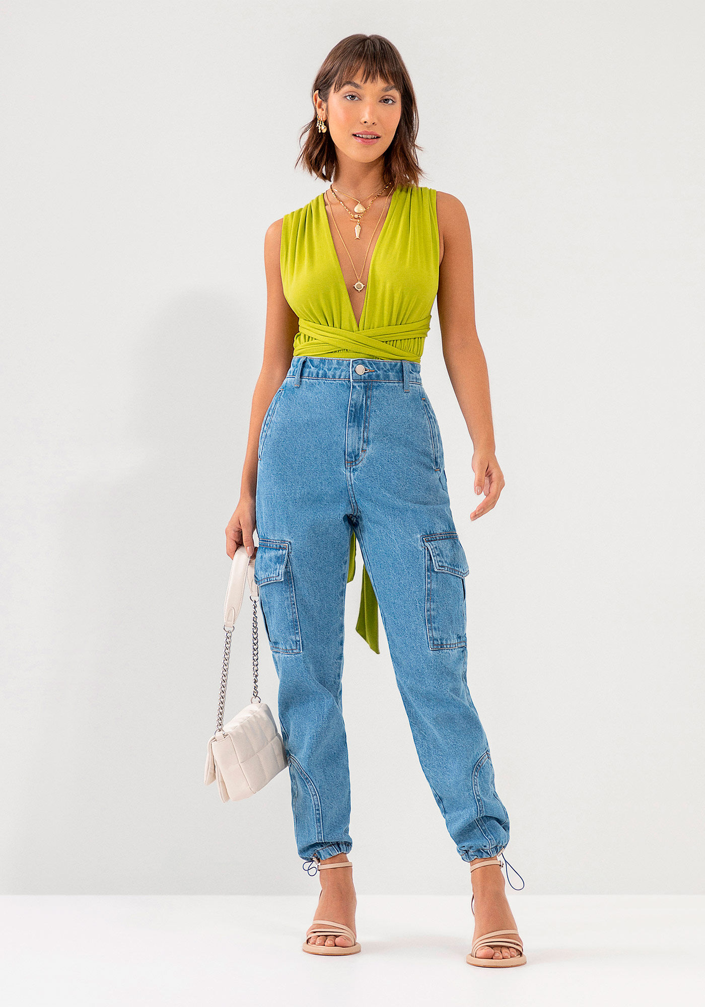 Cal&ccedil;a Jeans Jogger Cargo com Cintura Alta, JEANS, large.