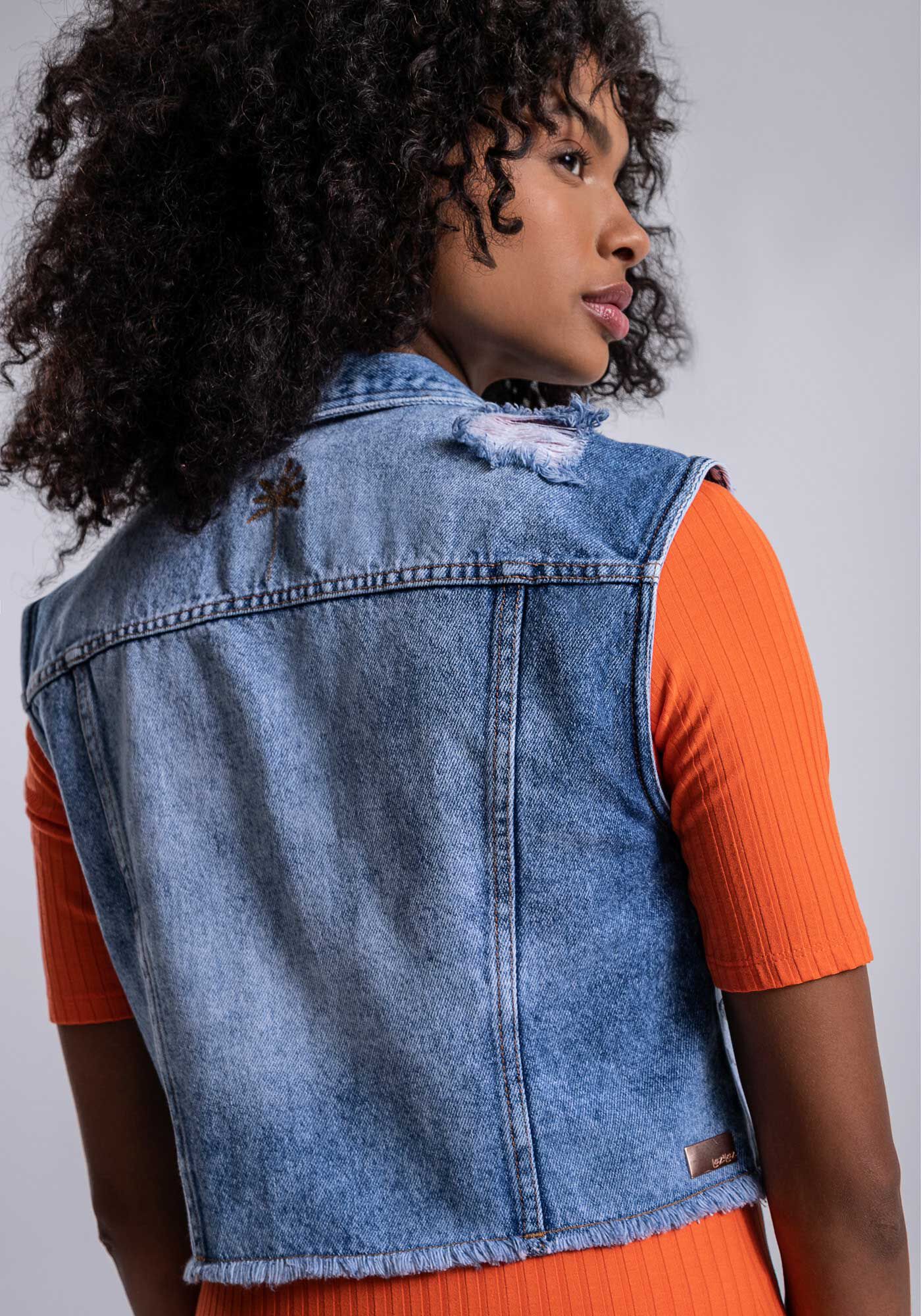 Colete jeans sale com perola