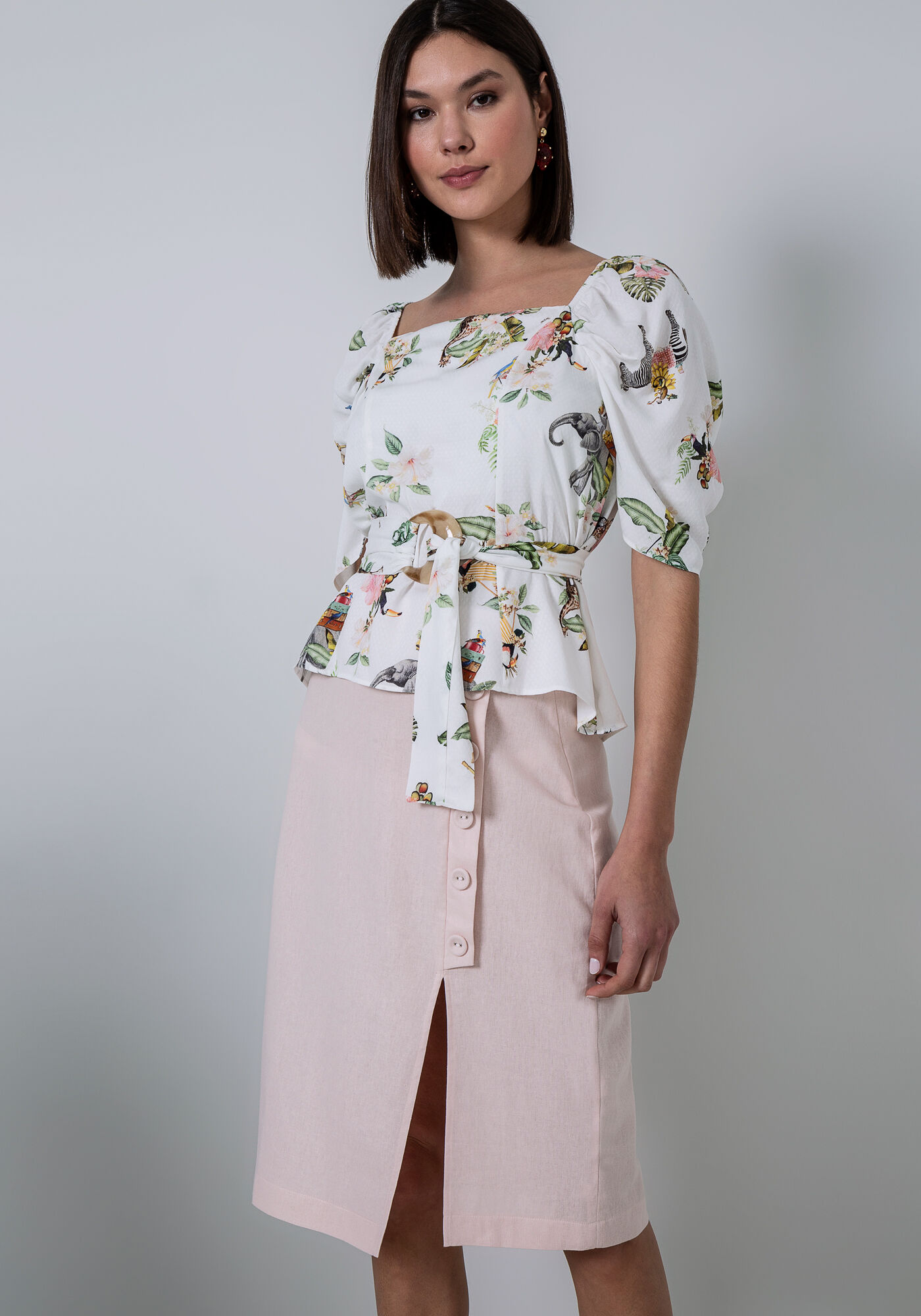 Blusa El&aacute;stico Manga Cinto Estampa, , large.