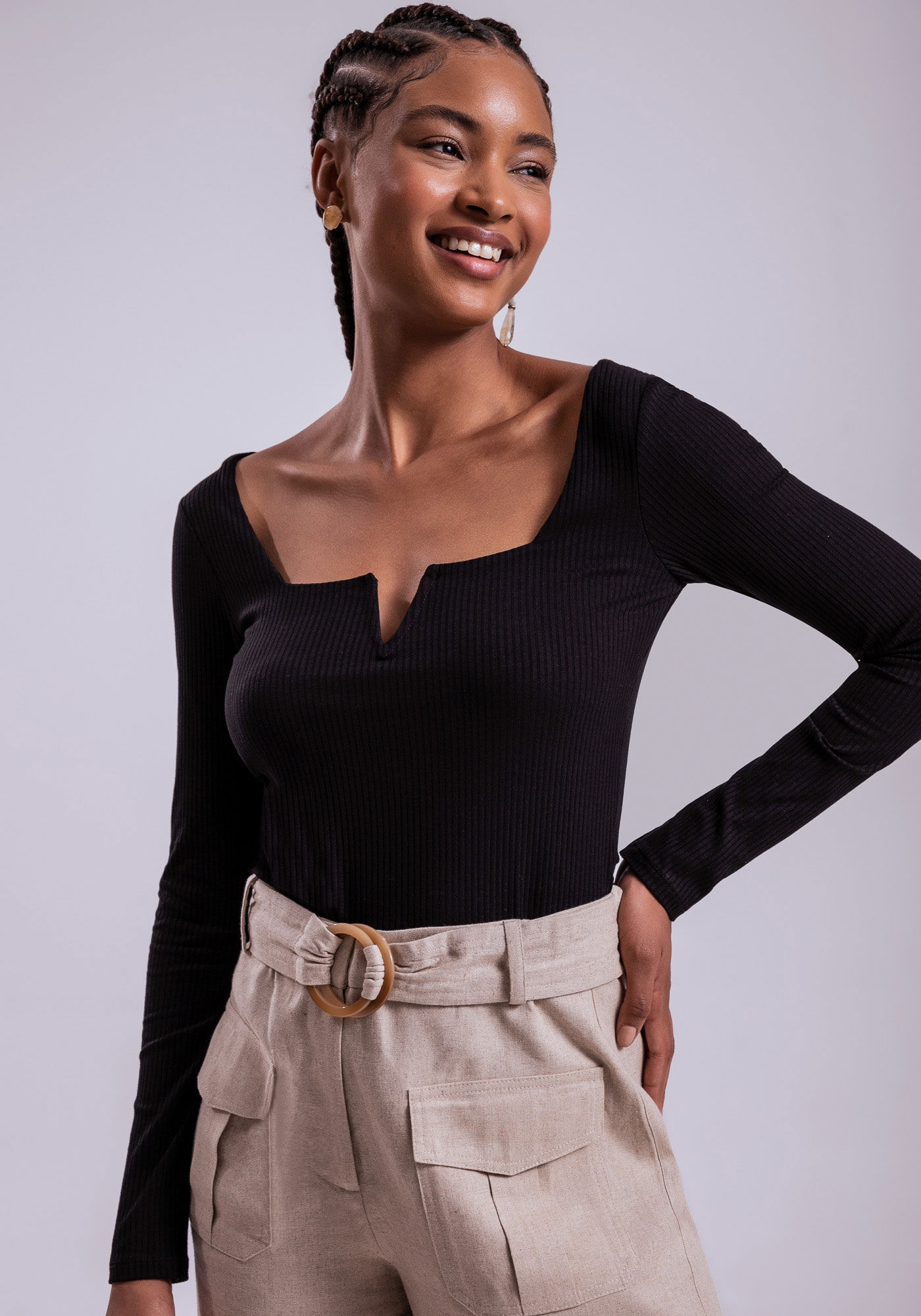 Blusa Manga Longa Canelada com Recorte V, , large.