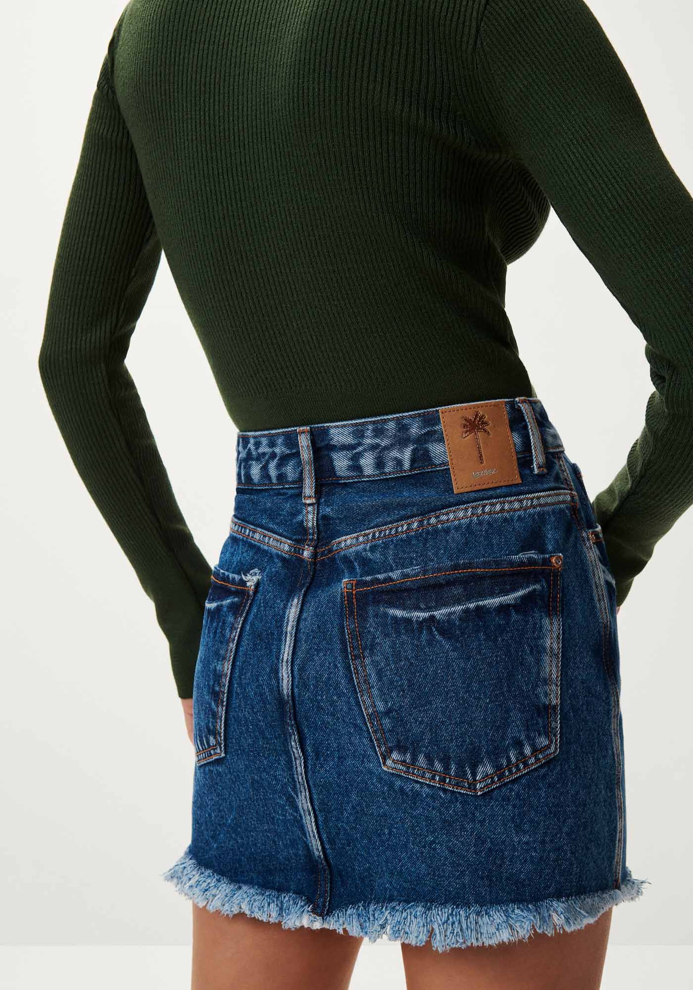 Saia Jeans Curta com Barra Desfiada, , large.