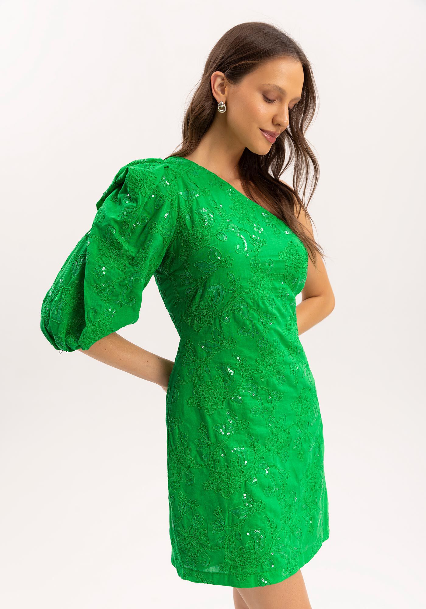 Vestido Curto Um Ombro S&oacute; em Tecido Bordado Paet&ecirc;s, , large.