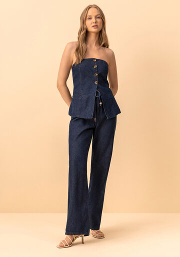 Blusa Jeans Sem Alças Com Detalhes Em Alfaiataria, JEANS. Blusa Jeans Sem Alças Com Detalhes Em Alfaiataria, JEANS, large.