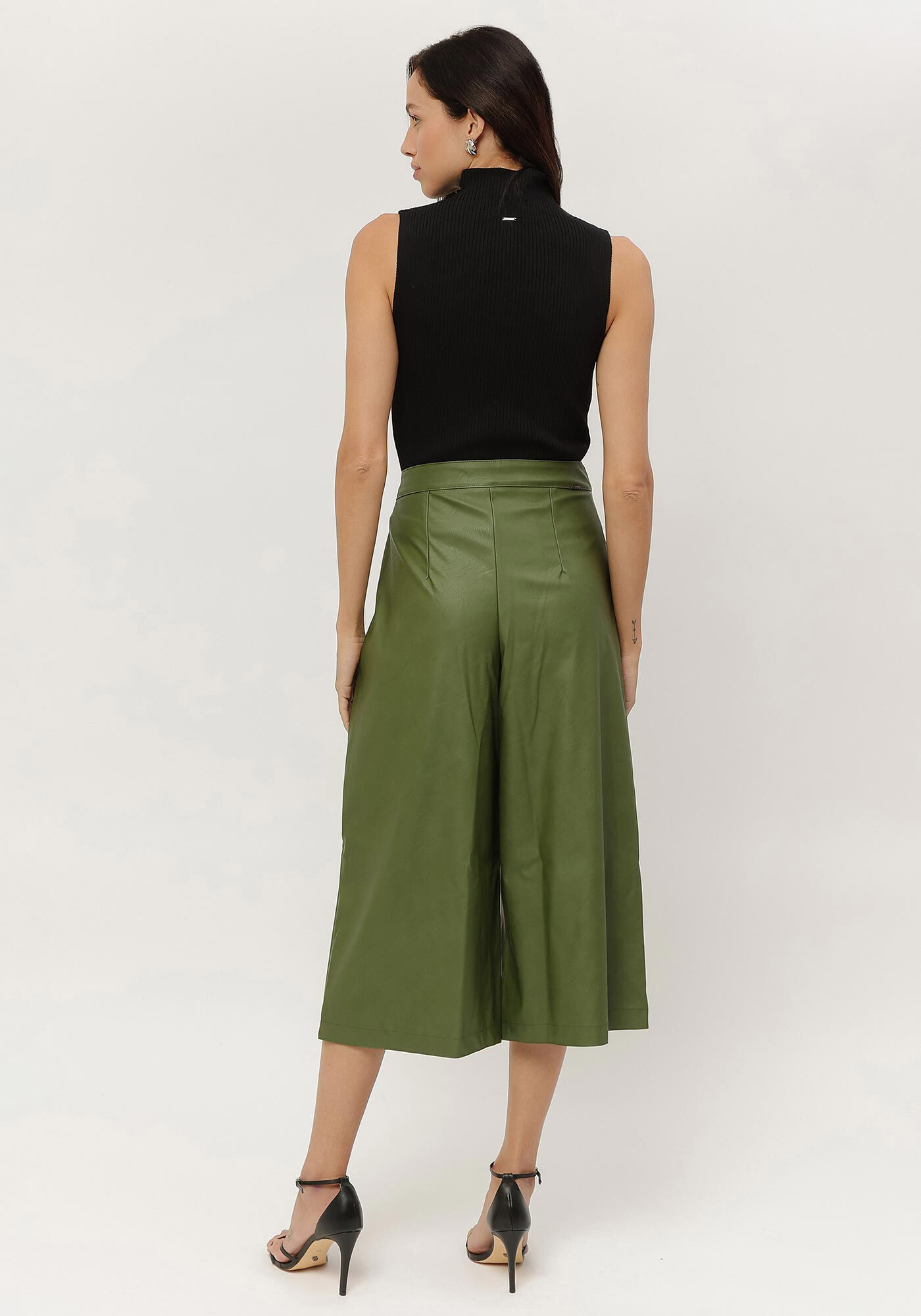 Cal&ccedil;a Pantacourt em PU com Cintura Alta, VERDE TURFA, large.