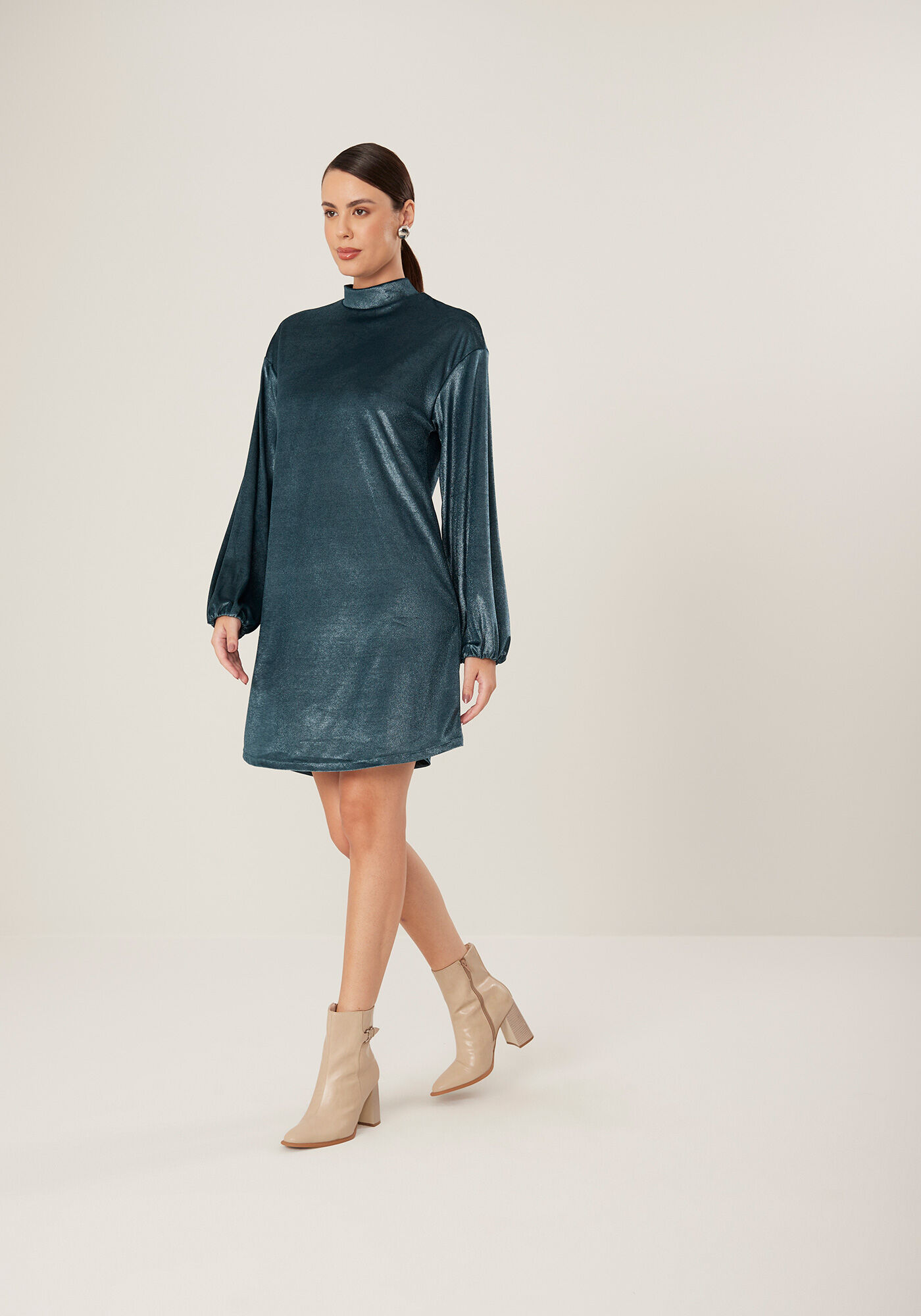 Vestido Curto De Mangas Longas Em Malha De Veludo, VERDE CERES, large.