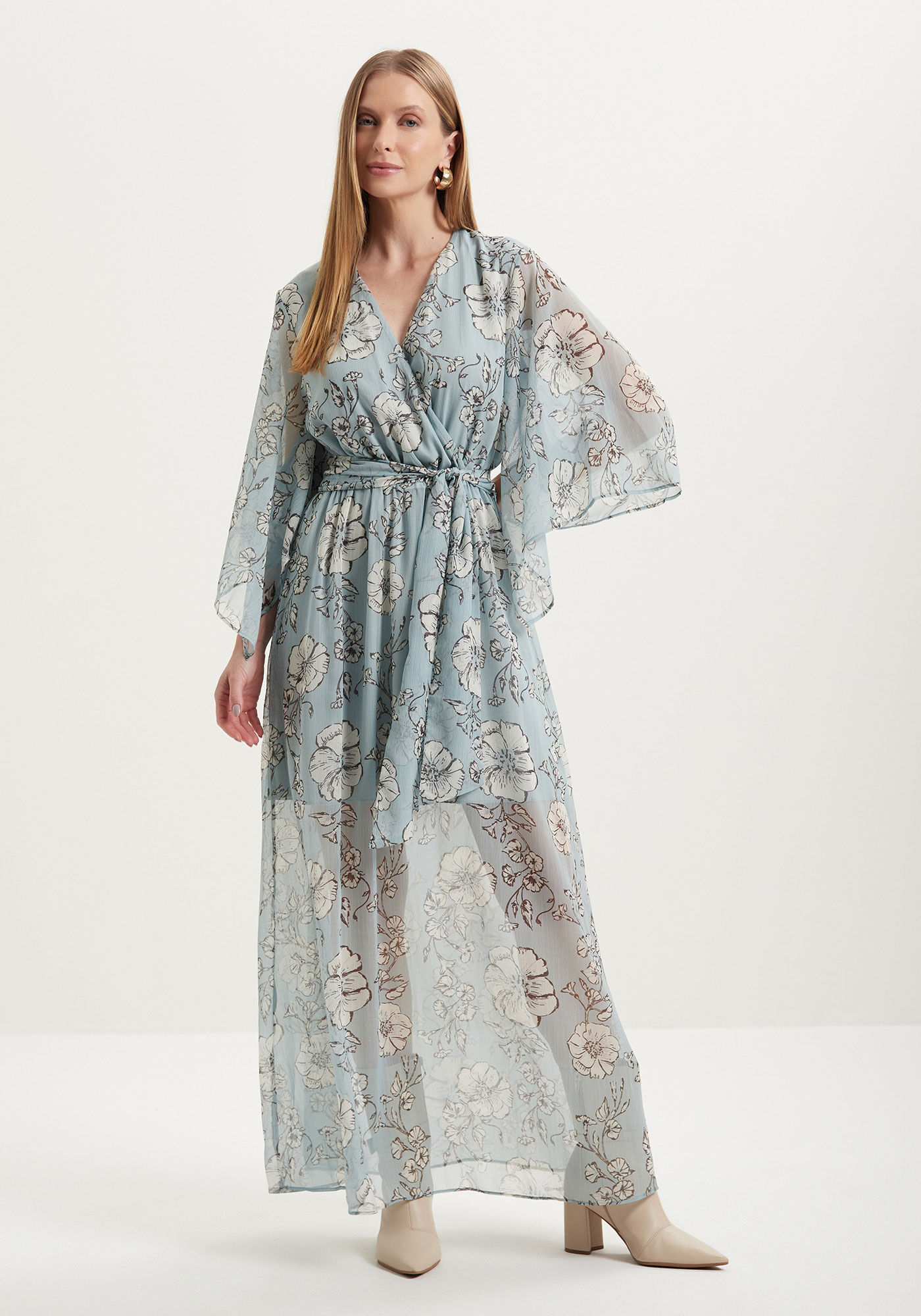 Vestido Ch&aacute; Estampado Com Mangas Amplas E Faixa, , large.