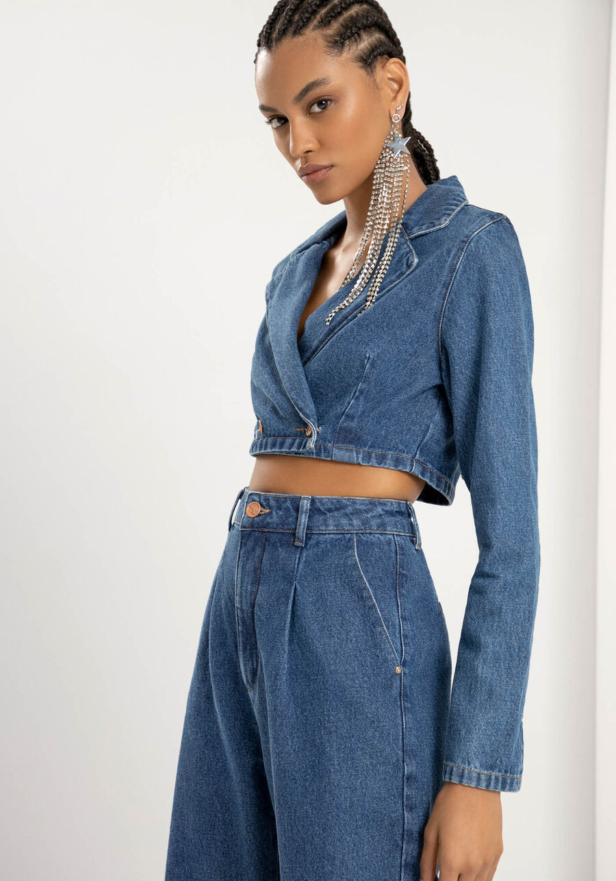 Jaqueta Jeans Cropped com Gola, JEANS. Jaqueta Jeans Cropped com Gola, JEANS, large.