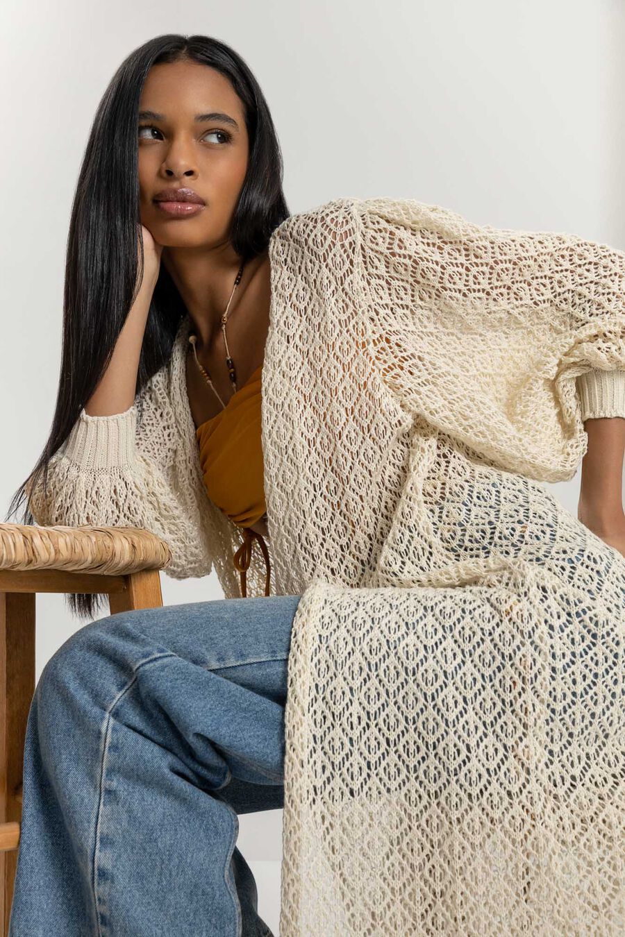 Cardigan Longo em Tricô com Manga Bufante, BEGE VALSA. Cardigan Longo em Tricô com Manga Bufante, BEGE VALSA, large.