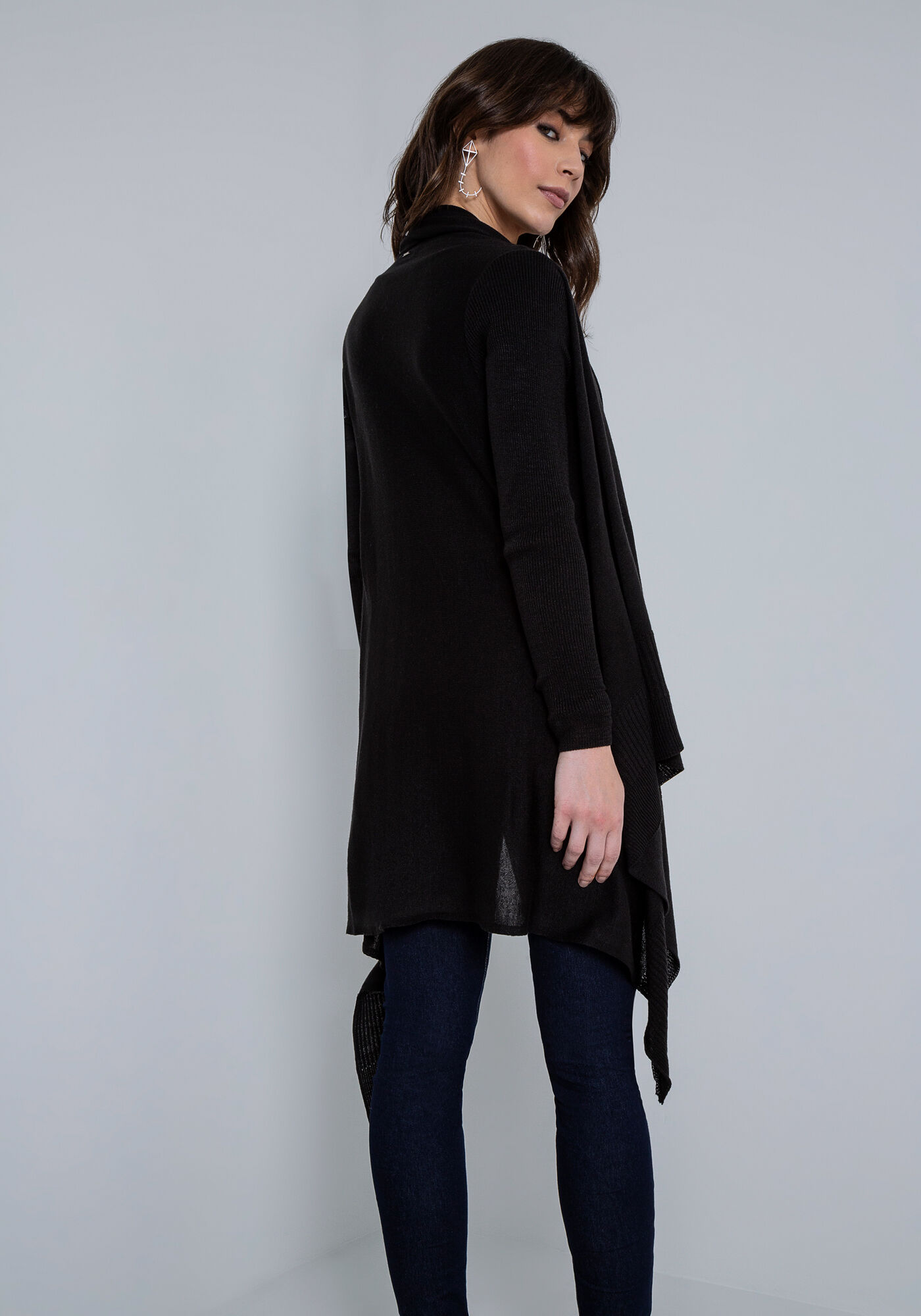 Cardigan Alongado Tric&ocirc; Barra Assim&eacute;trica, PRETO REATIVO, large.