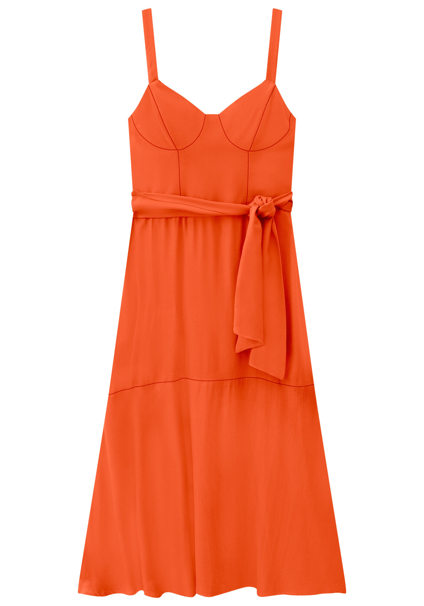 Vestido Midi com Recorte Busto e Cinto, LARANJA LIMPIDO, large.