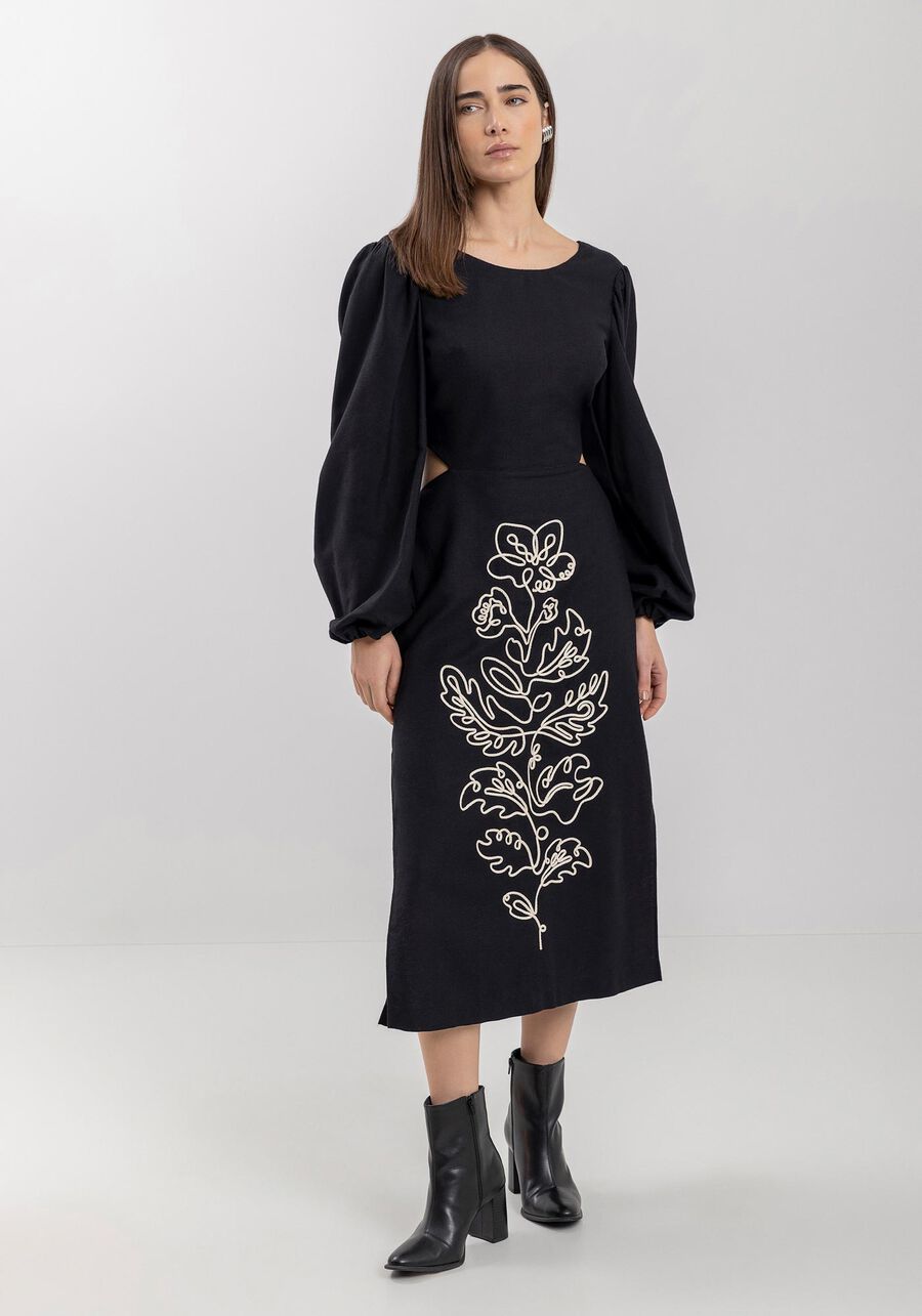Vestido Midi De Mangas Amplas Com Bordados Em Alto Relevo, PRETO. Vestido Midi De Mangas Amplas Com Bordados Em Alto Relevo, PRETO, large.