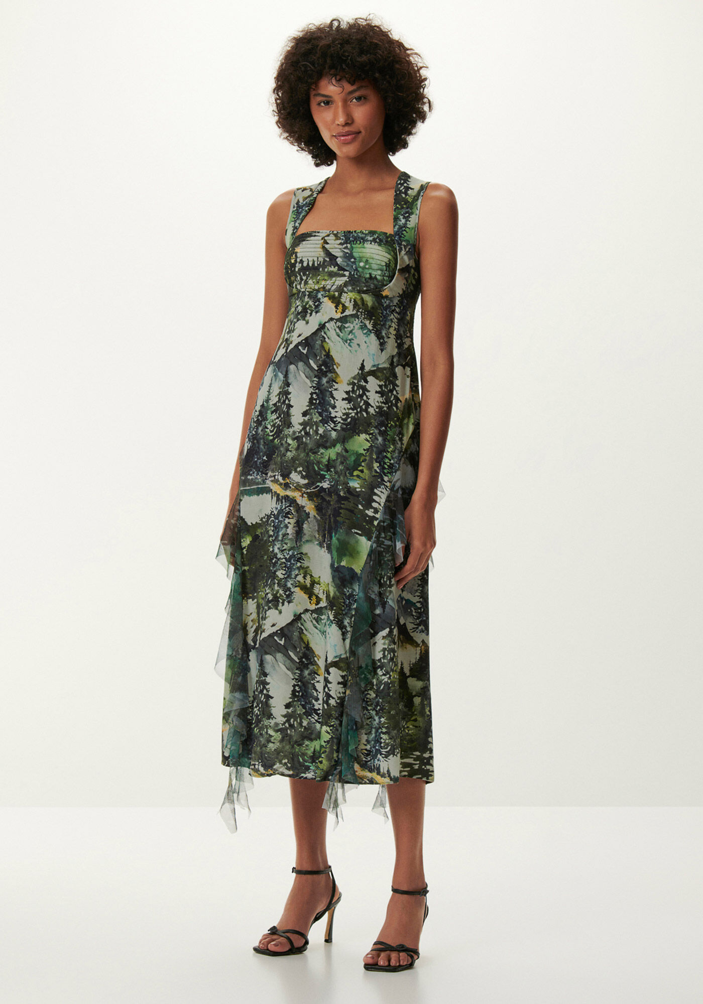 Vestido Midi Estampado em Viscose com Babado Tule, , large.