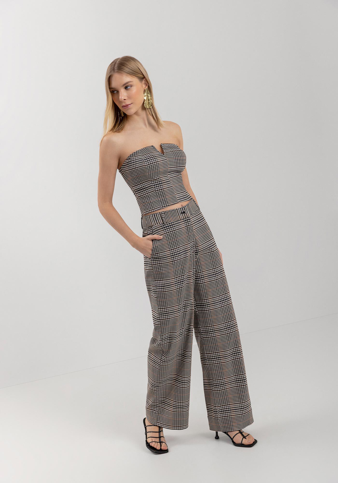 Cal&ccedil;a Reta Xadrez Com Cintura Alta E Bolsos Funcionais, BEGE CENTURY, large.