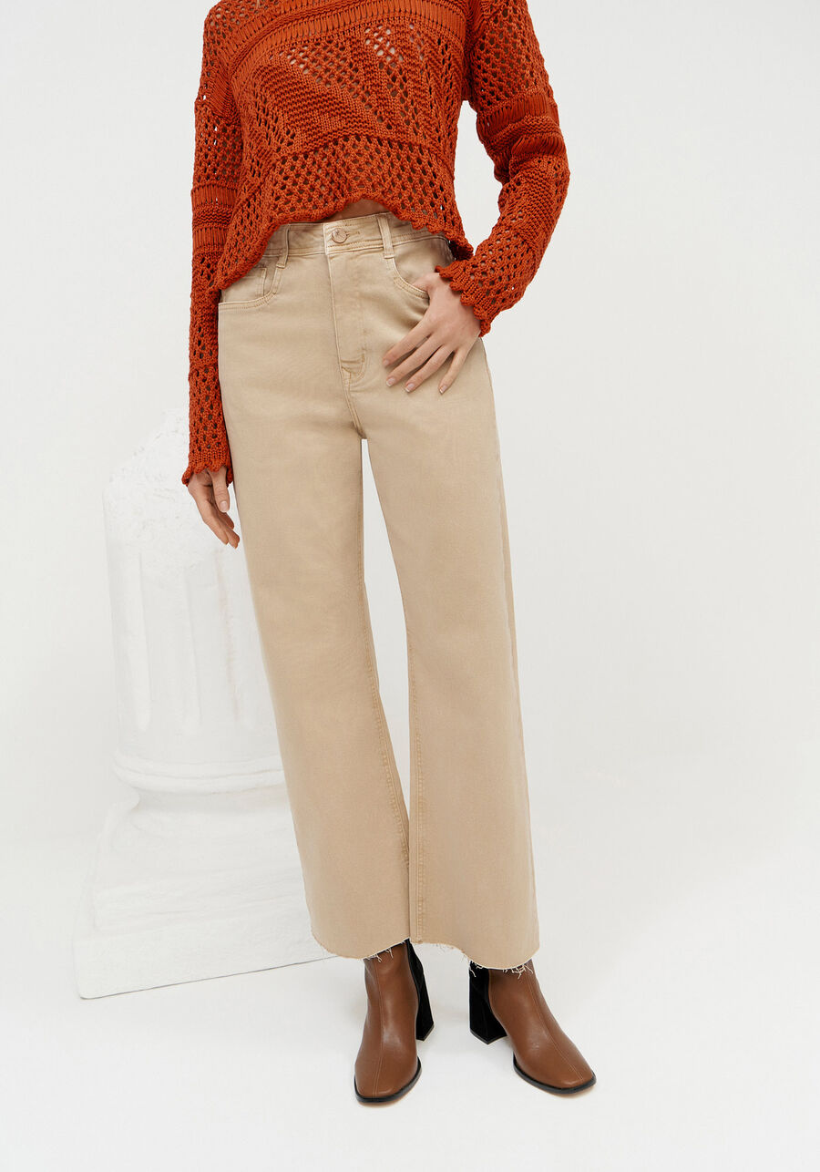 Calça Sarja Wide Leg Comfort Cropped Super Alta, BEGE FLAME. Calça Sarja Wide Leg Comfort Cropped Super Alta, BEGE FLAME, large.