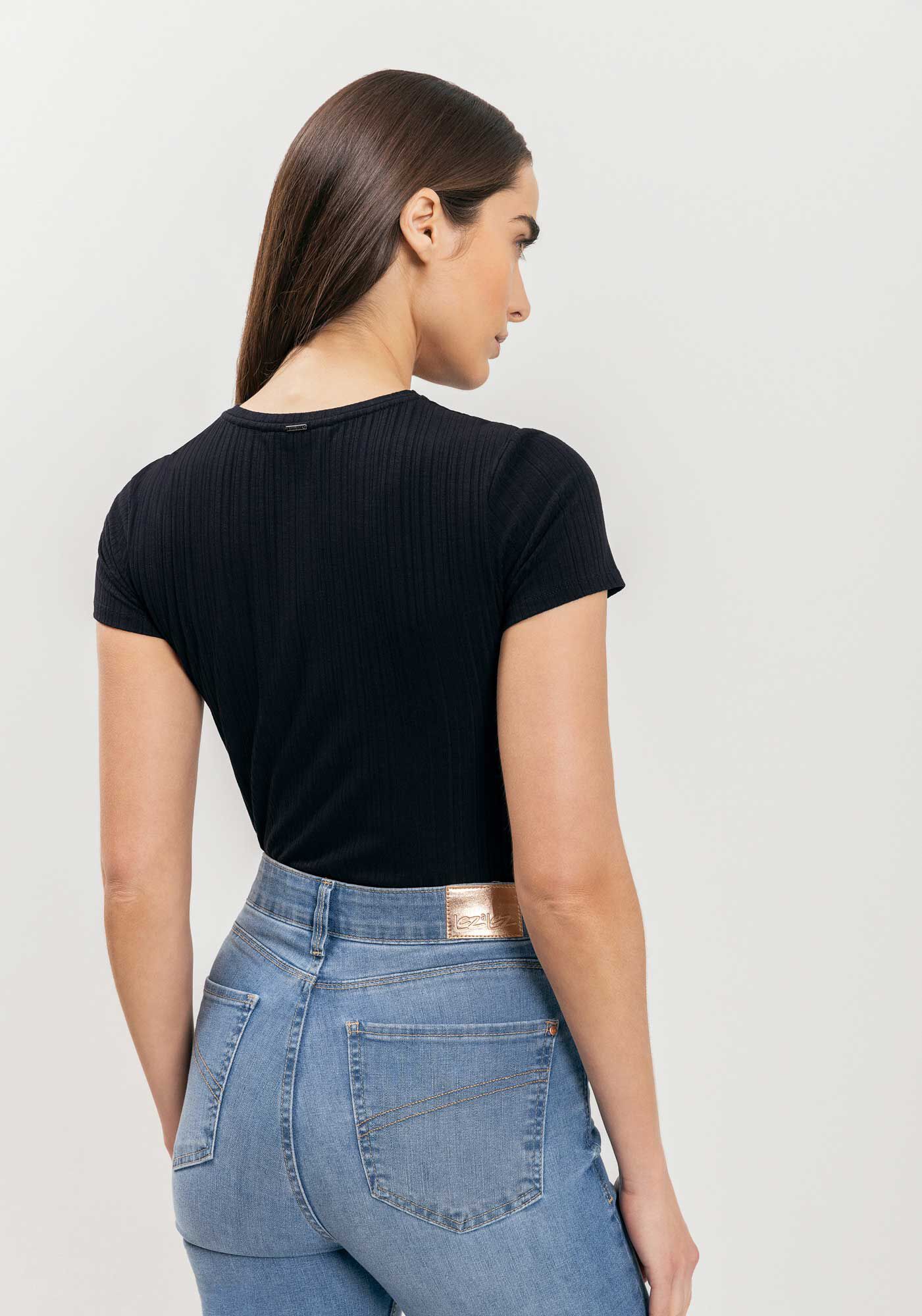 Blusa B&aacute;sica De Mangas Curtas Em Malha Canelada, , large.