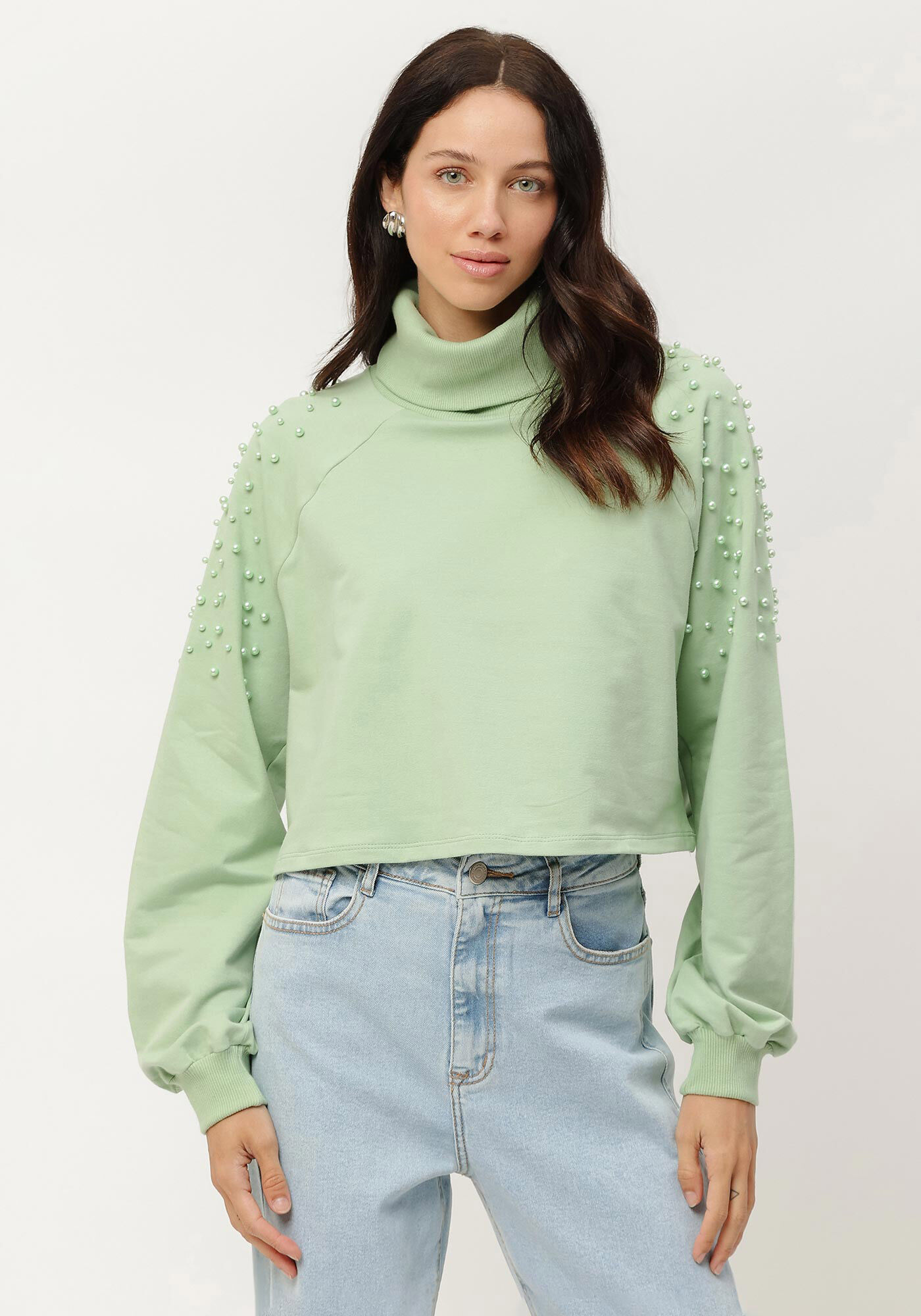 Blus&atilde;o Gola Alta em Molecotton com P&eacute;rolas, , large.