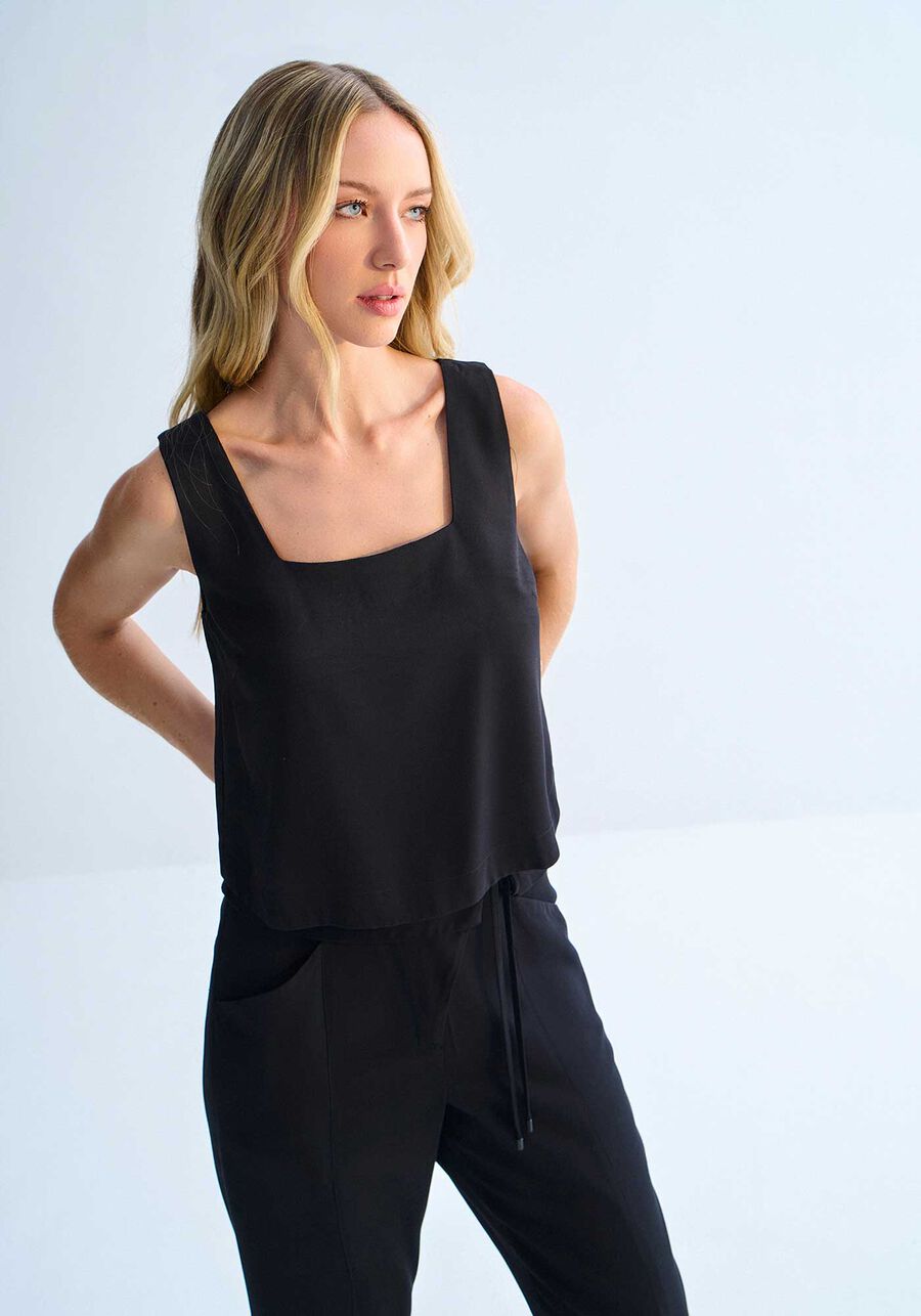 Blusa Altura Cós Alfaiataria Sarjada com Decote Quadrado, . Blusa Altura Cós Alfaiataria Sarjada com Decote Quadrado, , large.