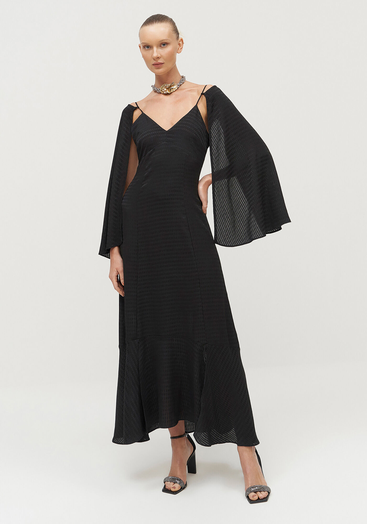 Vestido Longo com Manga Longa Flare Remov&iacute;vel, , large.