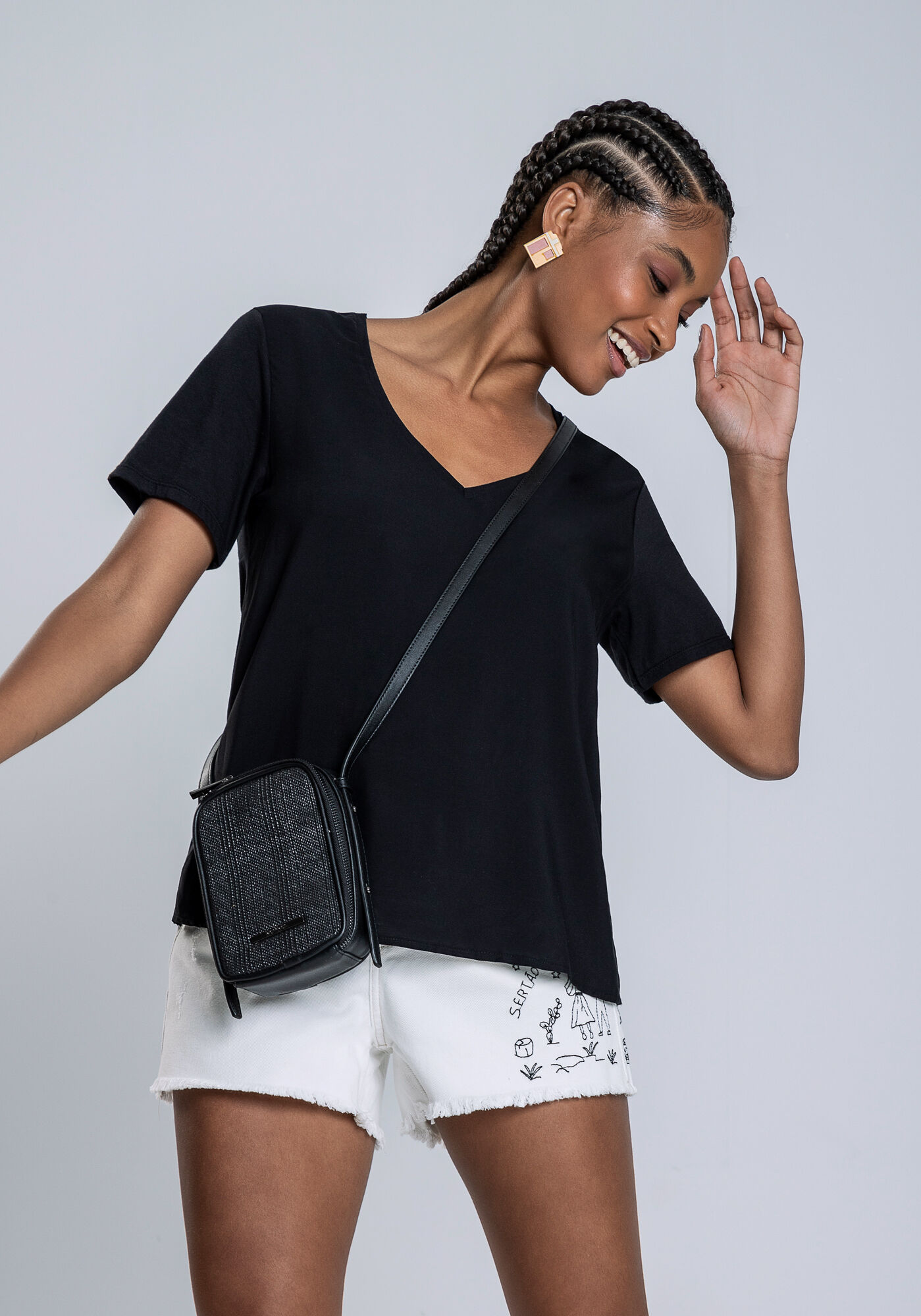 Blusa Manga Curta em Meia Malha com Decote V, , large.