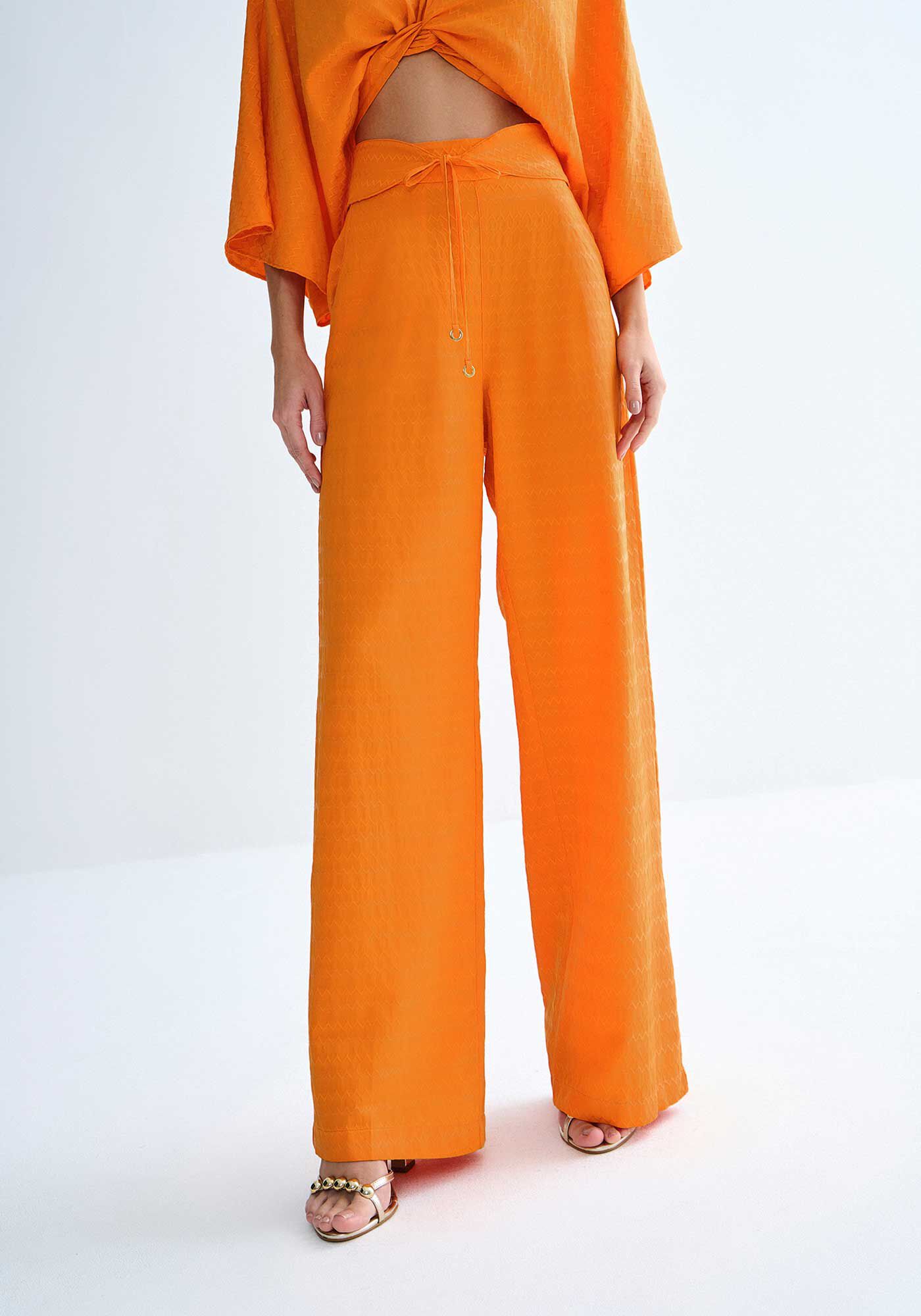 Cal&ccedil;a Pantalona em Jacquard com Amarra&ccedil;&atilde;o C&oacute;s, LARANJA NASTURZIO, large.