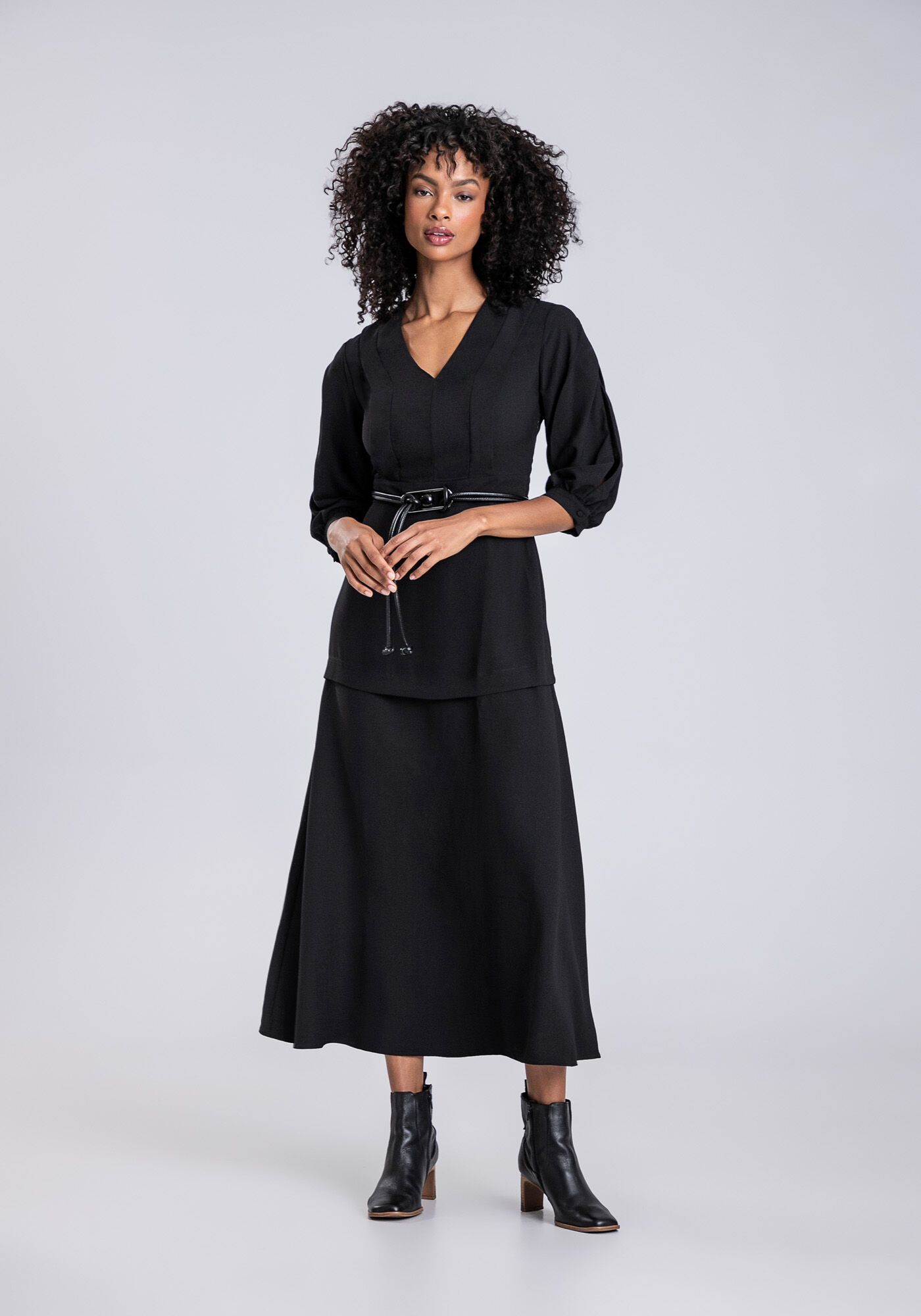 Vestido Crepe Manga 3/4 Midi com Pregas Decote, , large.