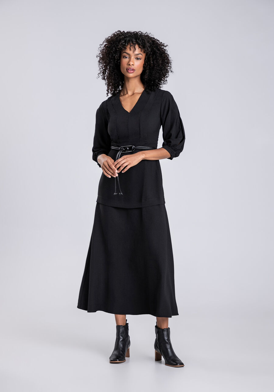 Vestido Crepe Manga 3/4 Midi com Pregas Decote, PRETO REATIVO. Vestido Crepe Manga 3/4 Midi com Pregas Decote, PRETO REATIVO, large.