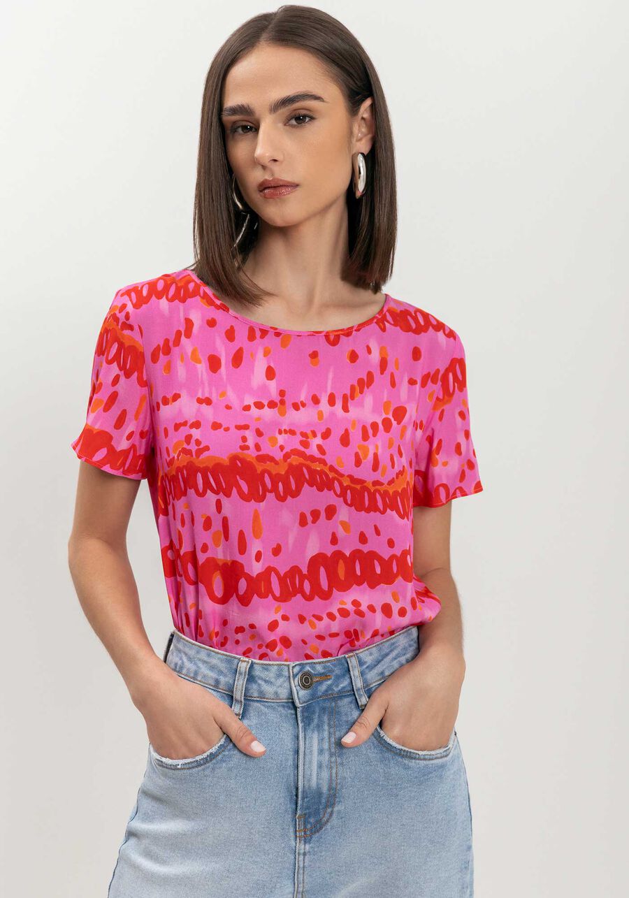 Blusa Estampada Básica De Mangas Curtas Em Viscose, . Blusa Estampada Básica De Mangas Curtas Em Viscose, , large.