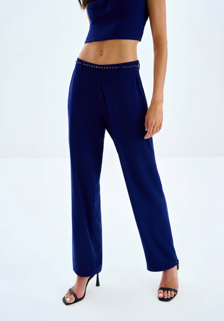 Calça Reta em Viscose com Cinto Strass, . Calça Reta em Viscose com Cinto Strass, , large.