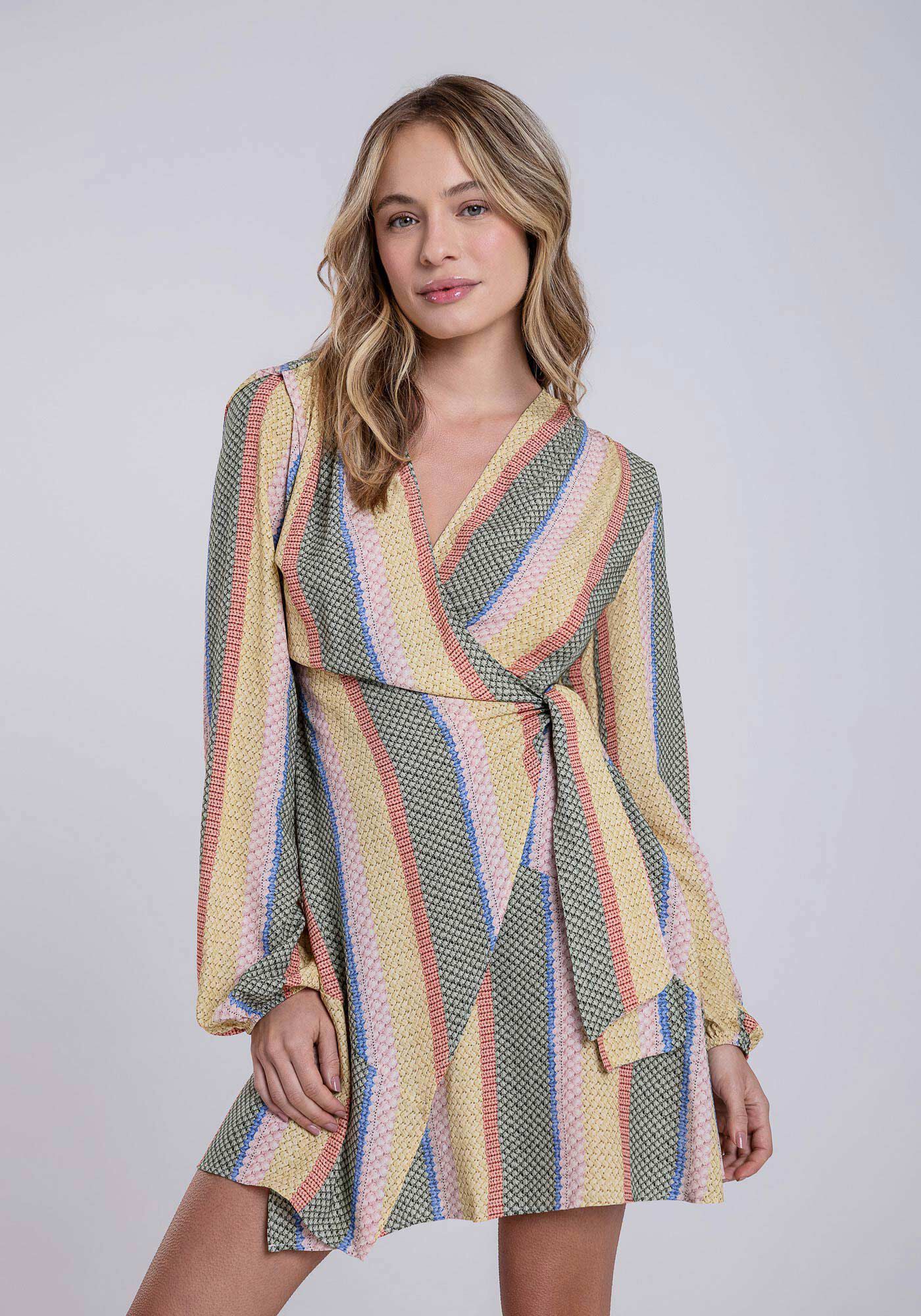 Vestido Transpassado em Viscose Listrado, , large.