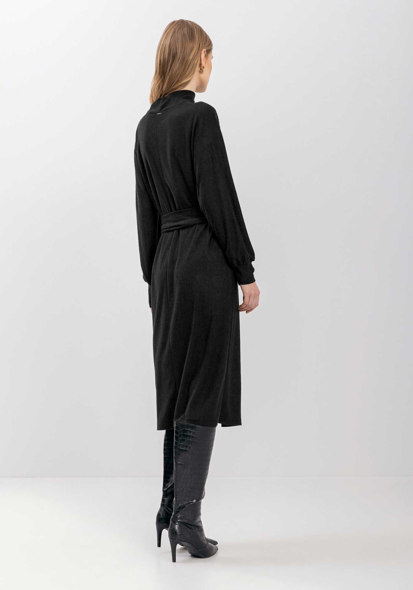 Vestido Midi De Mangas Longas Com Faixa Em Malha R&uacute;stica, PRETO, large.