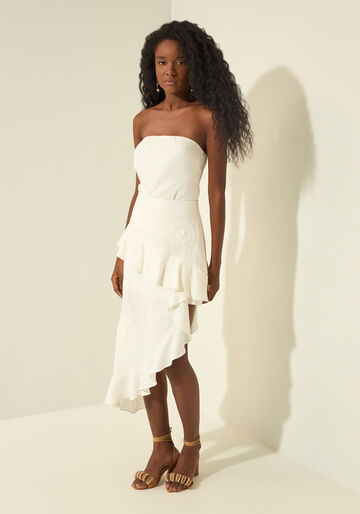 Saia Chá Assimétrica Com Babados E Renda Tenerife, BRANCO OFF WHITE. Saia Chá Assimétrica Com Babados E Renda Tenerife, BRANCO OFF WHITE, large.