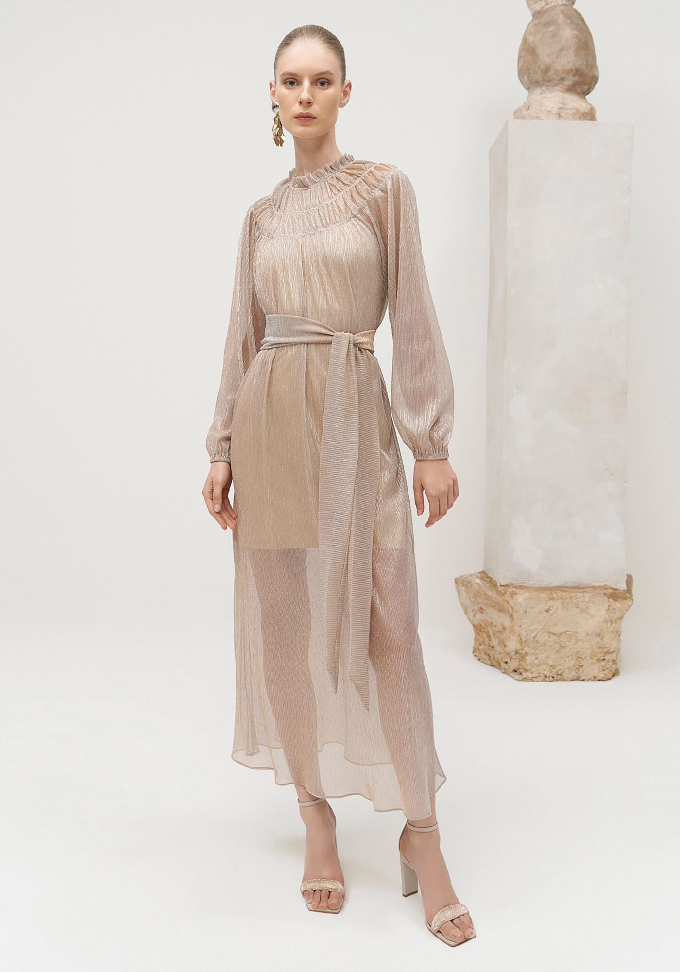 Vestido Midi Manga Longa em Tule Lurex com Cinto, , large.