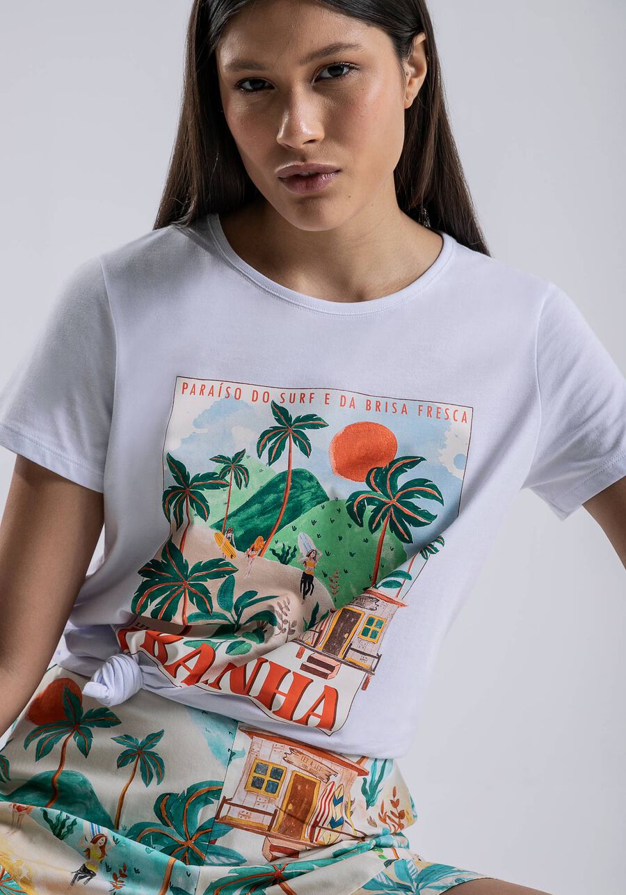 Blusa Manga Curta com Estampa Prainha, BRANCO. Blusa Manga Curta com Estampa Prainha, BRANCO, large.