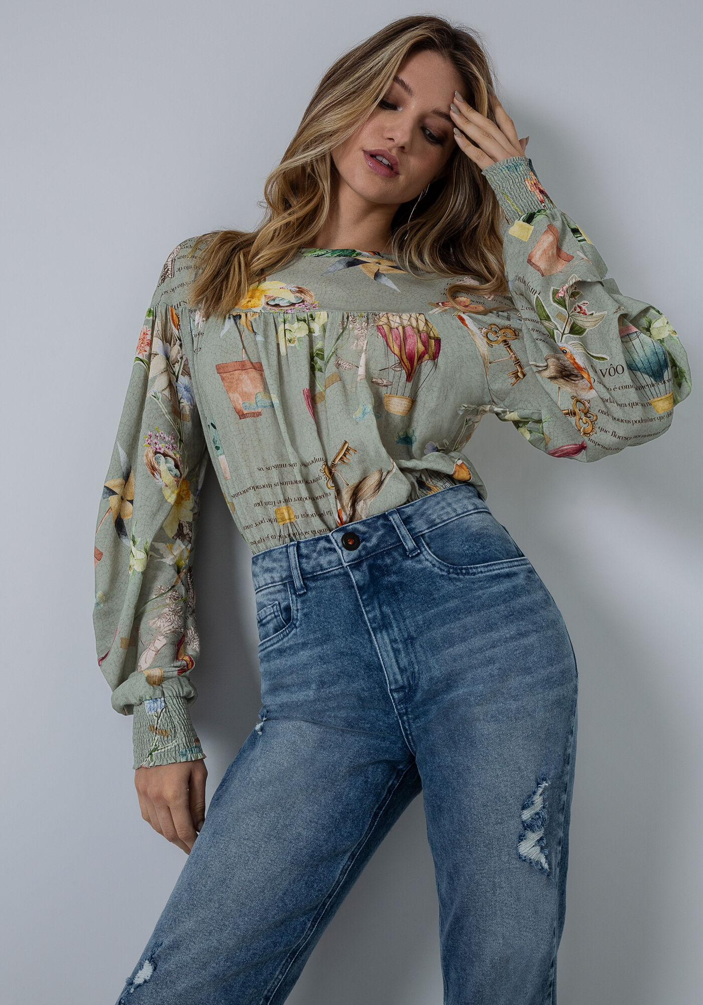 Blusa Manga Bufante em Viscose com Lastex, , large.