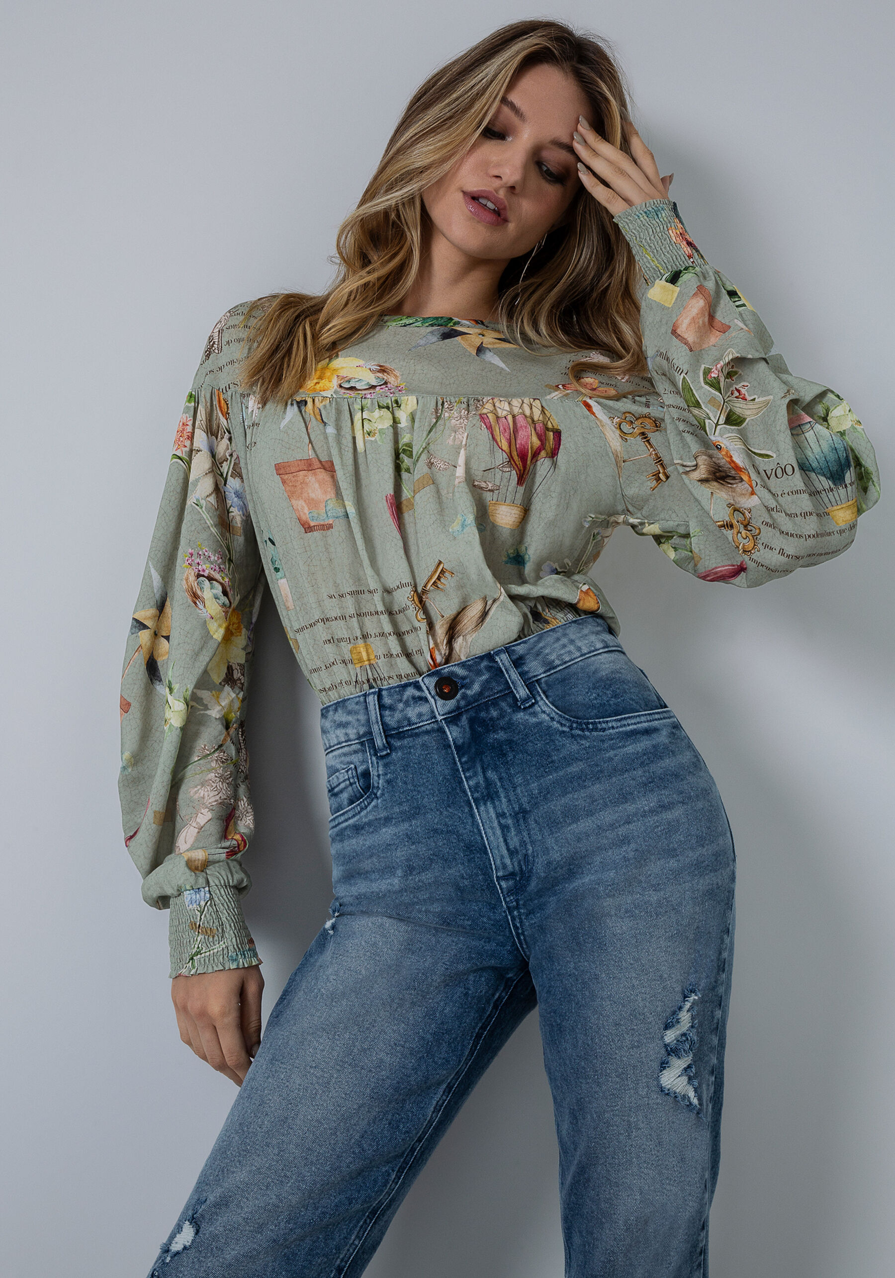 Blusa Manga Bufante em Viscose com Lastex, . Blusa Manga Bufante em Viscose com Lastex, , large.