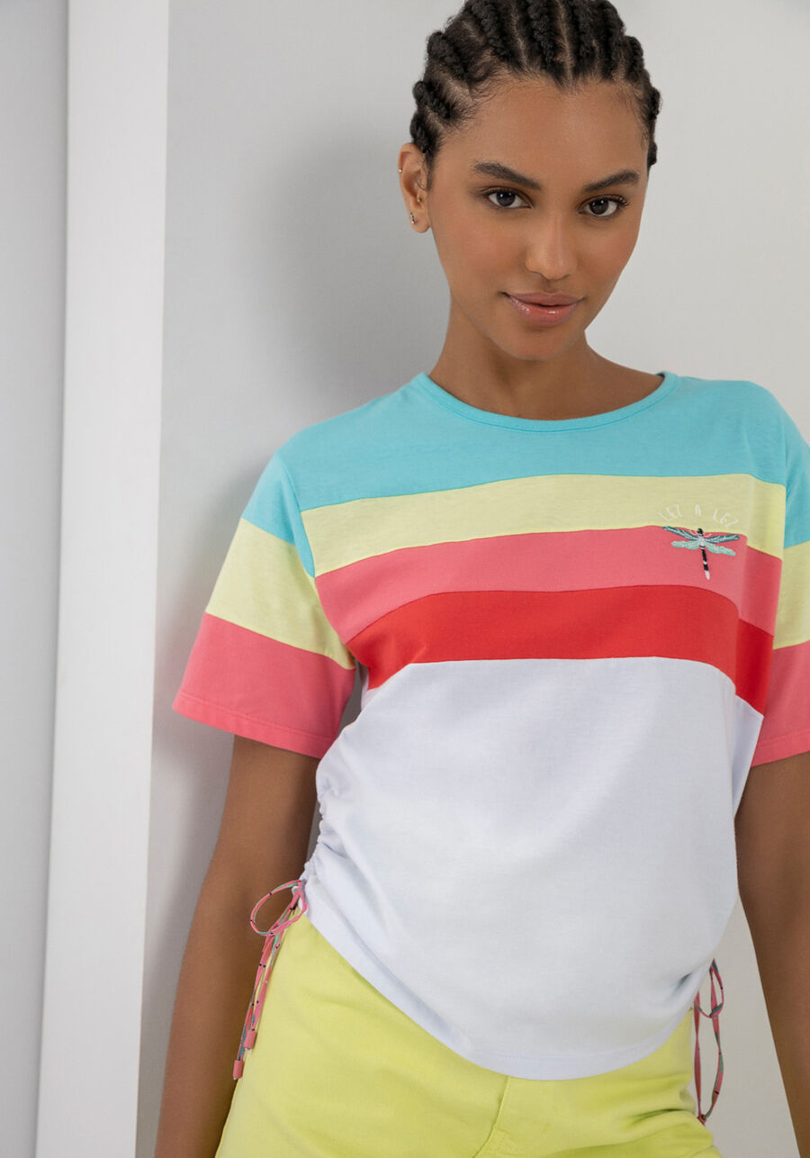 T-shirt Listras em Malha com Amarração Lateral, BRANCO. T-shirt Listras em Malha com Amarração Lateral, BRANCO, large.