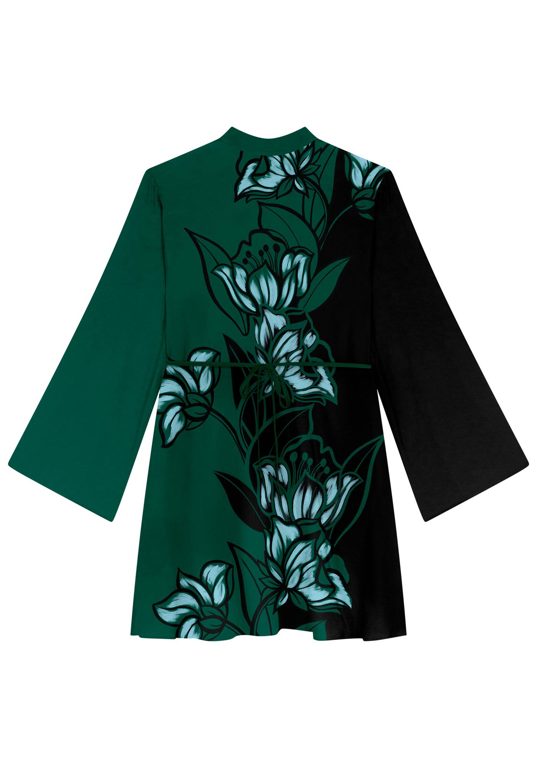 Vestido Curto Estampado Com Mangas Longas Amplas E Cinto, ANEMONE VERDE. Vestido Curto Estampado Com Mangas Longas Amplas E Cinto, ANEMONE VERDE, large.