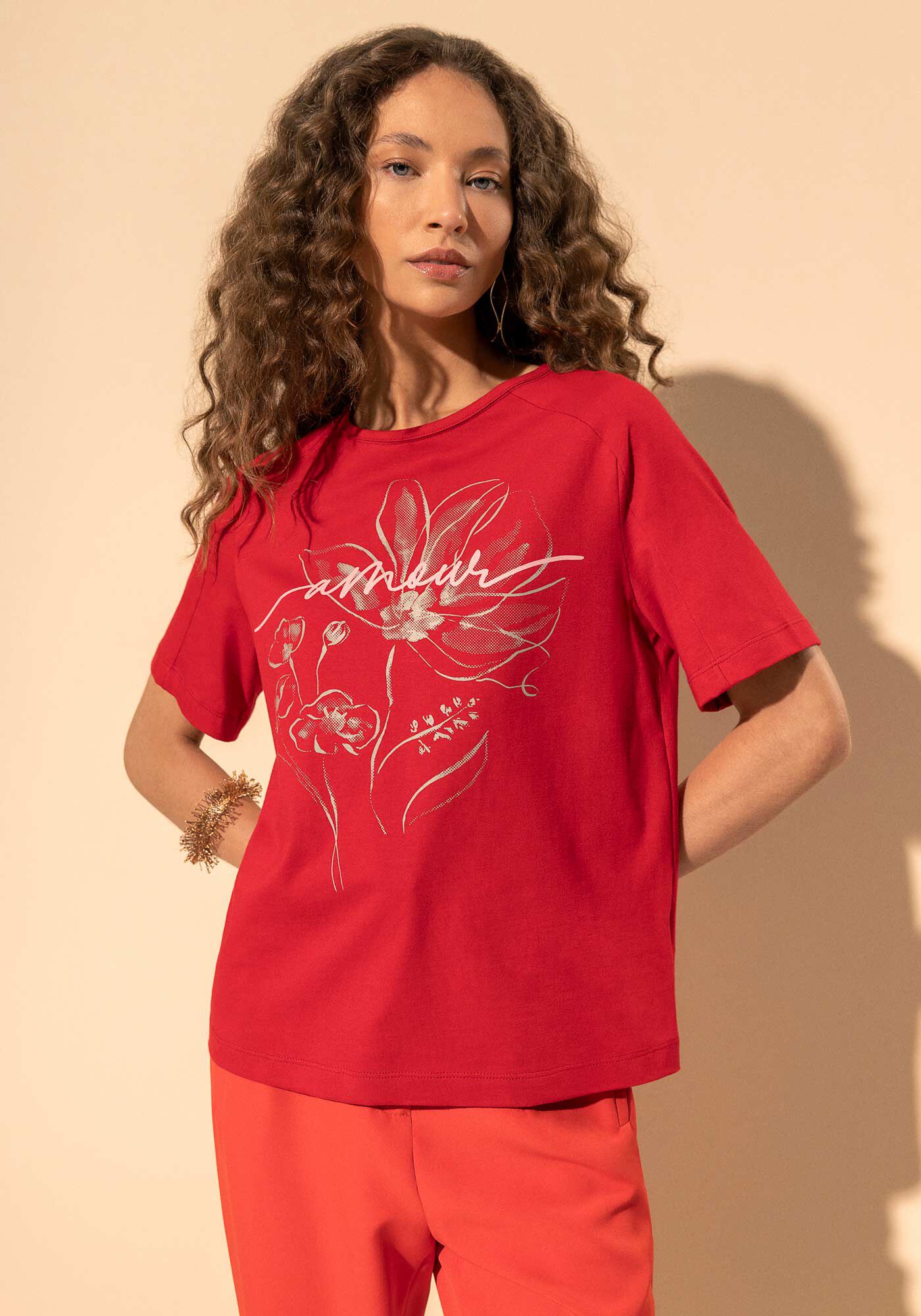 Blusa T-shirt De Manga Curta Com Estampa Em Algod&atilde;o Penteado, VERMELHO CLAIR, large.