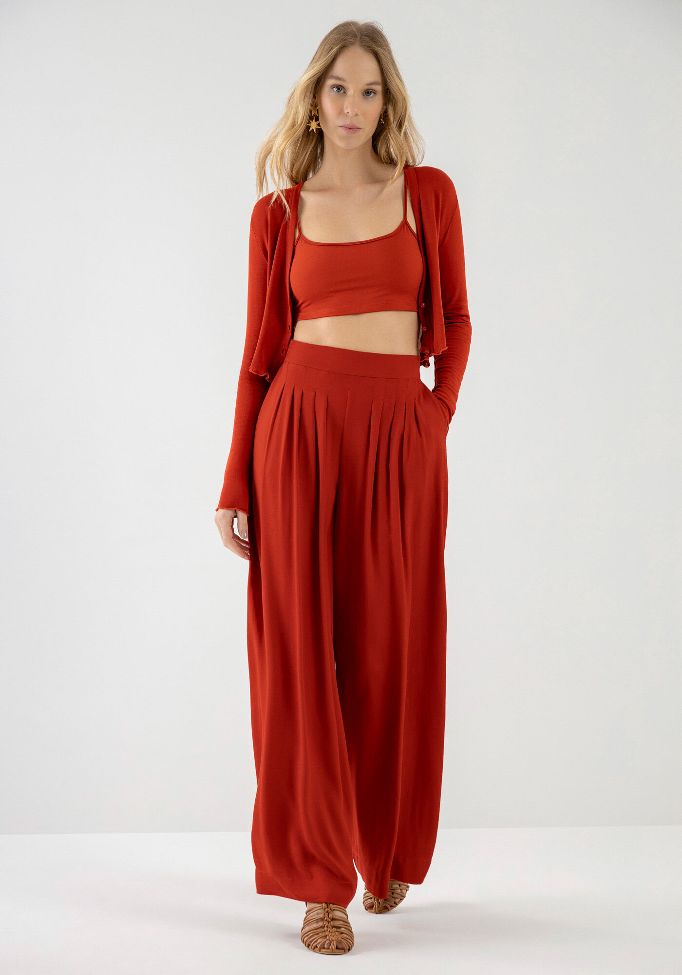 Cardigan Manga Longa Cropped com Top, LARANJA FERY, large.