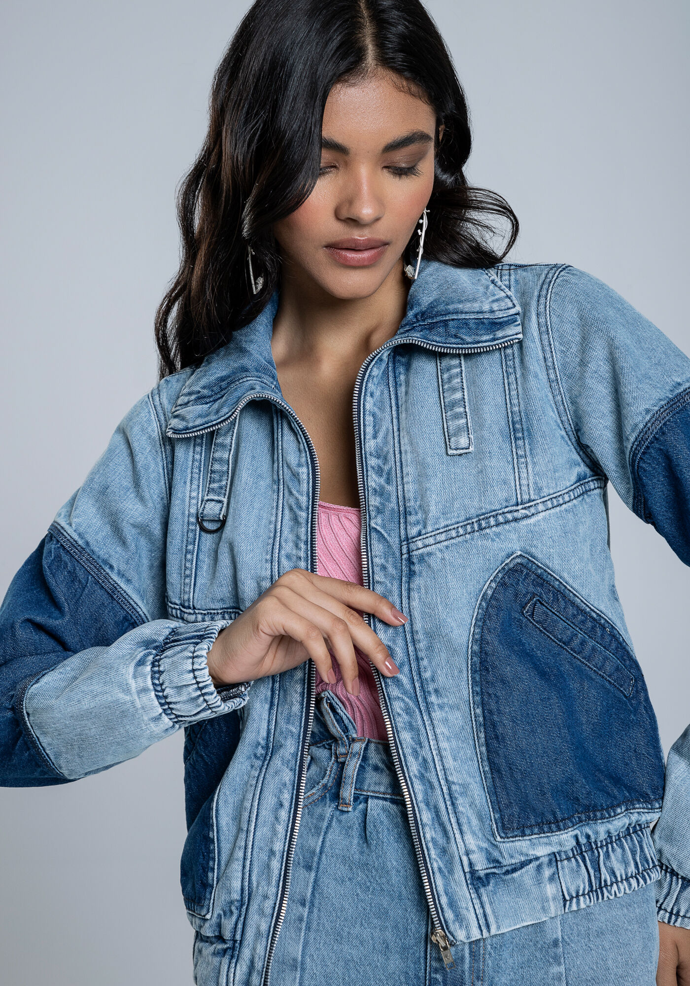 Jaqueta Jeans com Recortes Contraste, JEANS, large.