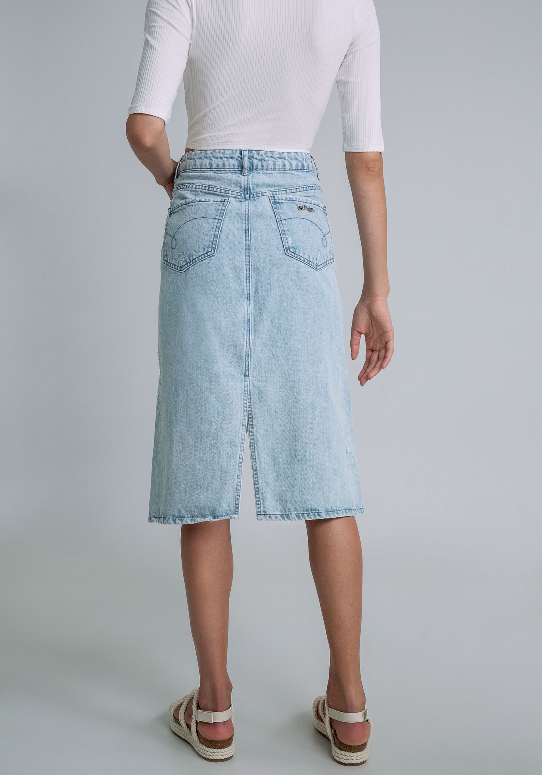 Saia Jeans Midi Assimétrica, JEANS. Saia Jeans Midi Assimétrica, JEANS, large.