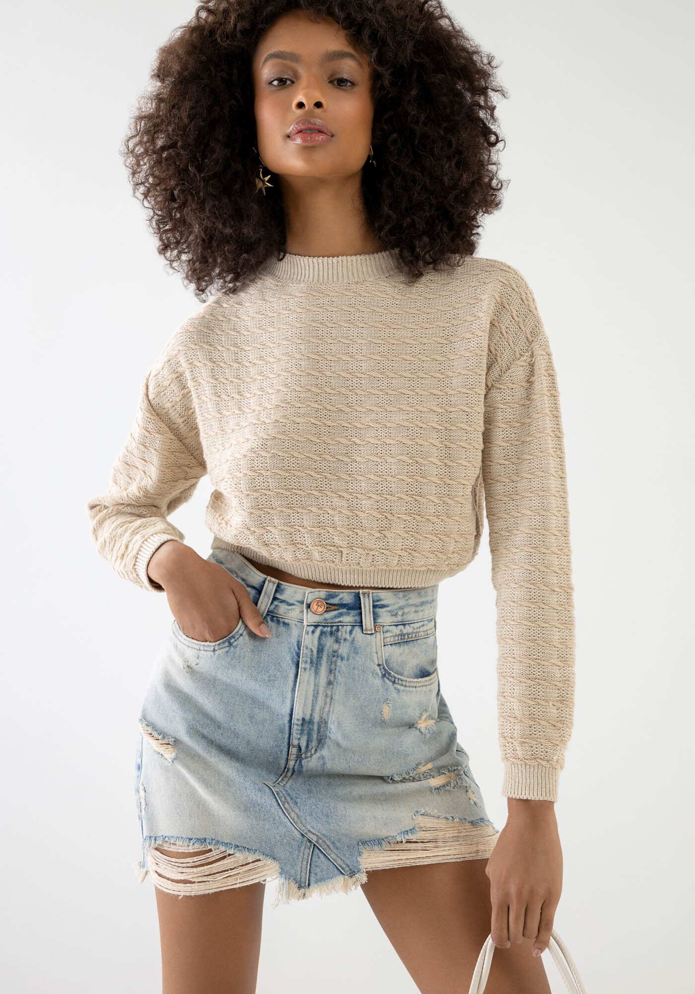 Blus&atilde;o Cropped em Tric&ocirc; com Textura, BEGE GINGER, large.