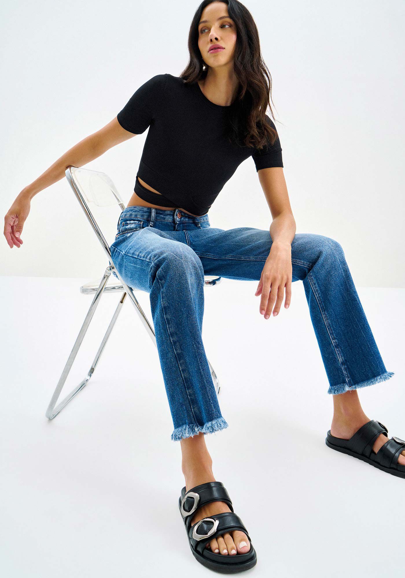 Cal&ccedil;a Jeans Reta Slim Cropped Cintura Alta, JEANS, large.