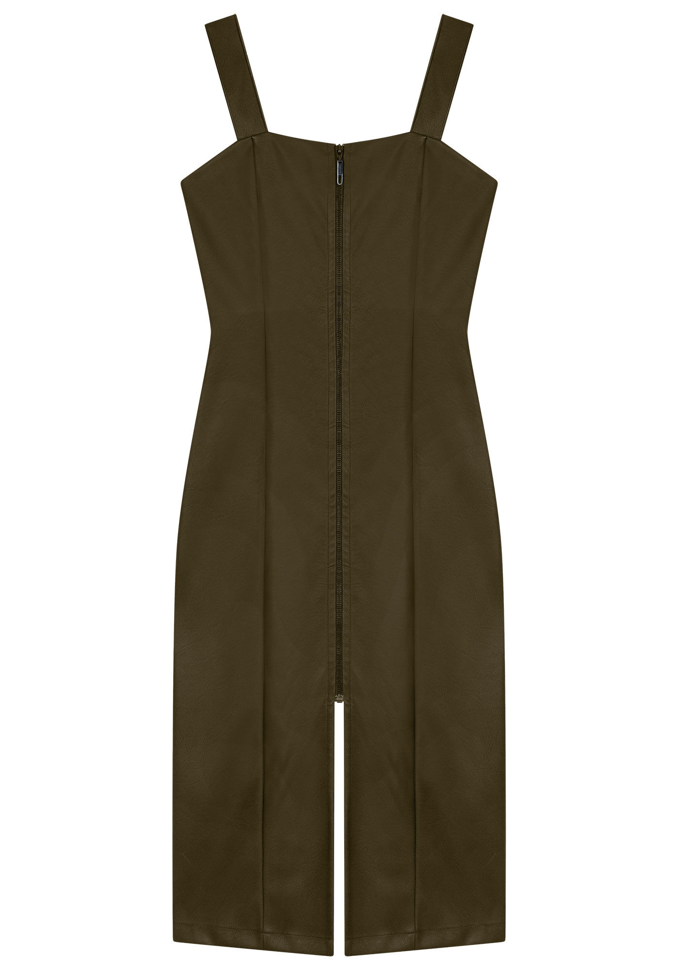 Vestido Midi em PU com Z&iacute;per e Fenda, , large.